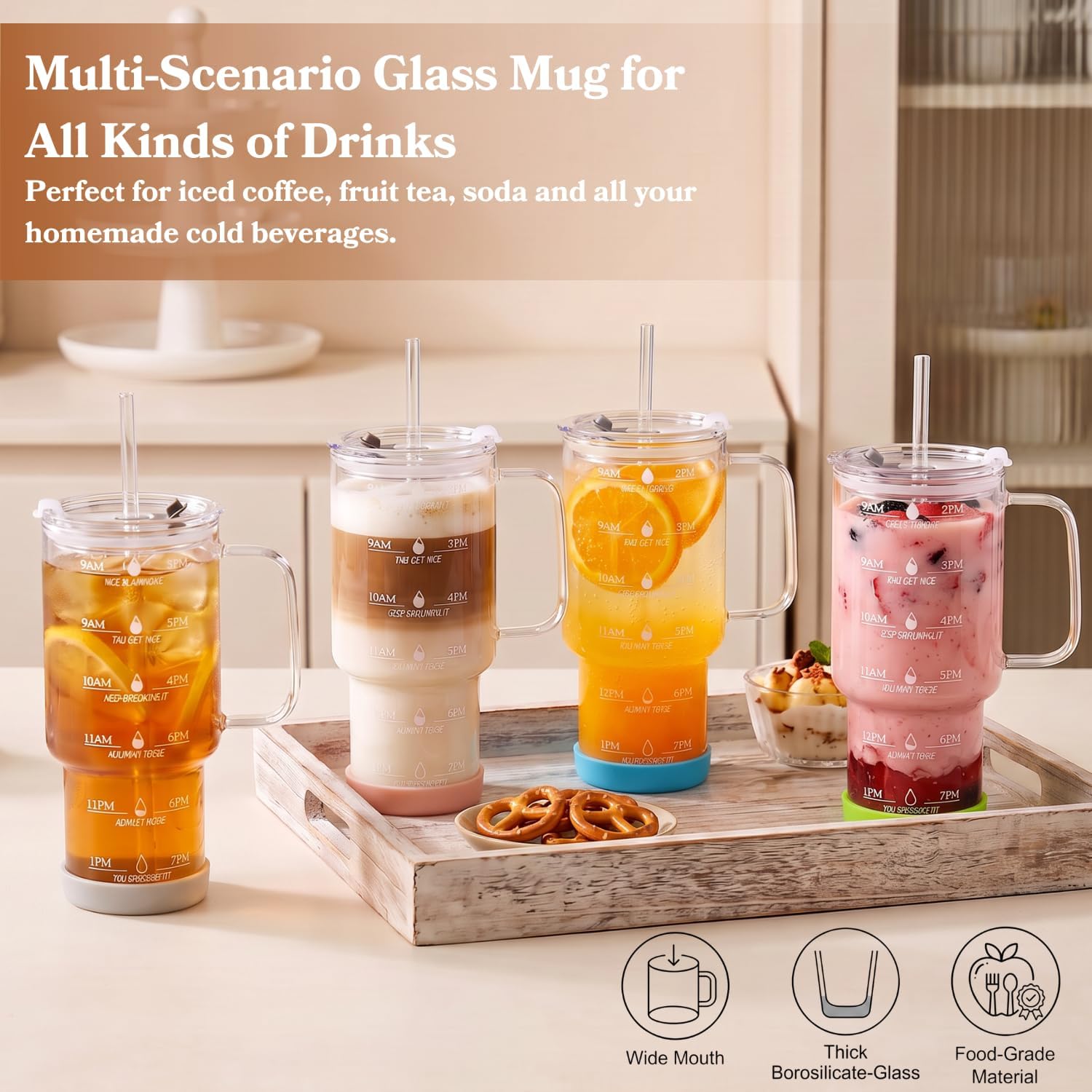 40 oz Glass Tumbler with Lid and Straw, Glasses Tumbler with Time Marker, Silicone Boot, Spill-proof Drinking Glasses for Cocktail, Juice, Smoothies, Set of 2