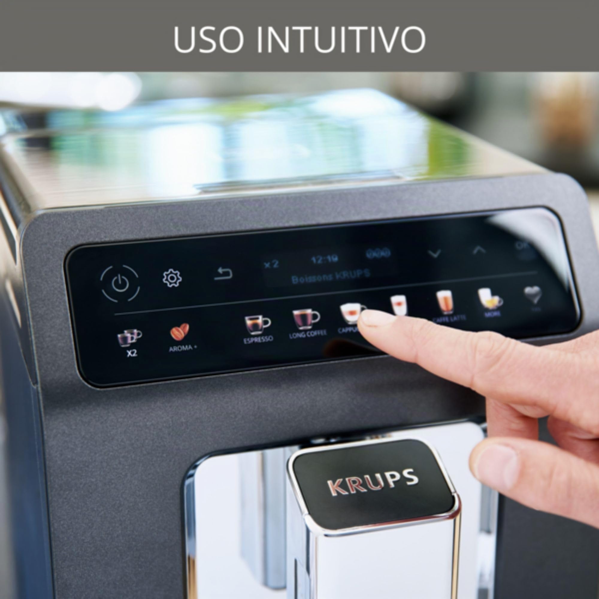 Krups EA895N10 Cafetera automática Evidence One, One Touch Cappuccino, Función de doble taza, 12 especialidades de bebidas, Pantalla a color, Depósito de agua de 2,3 litros, 1450 W