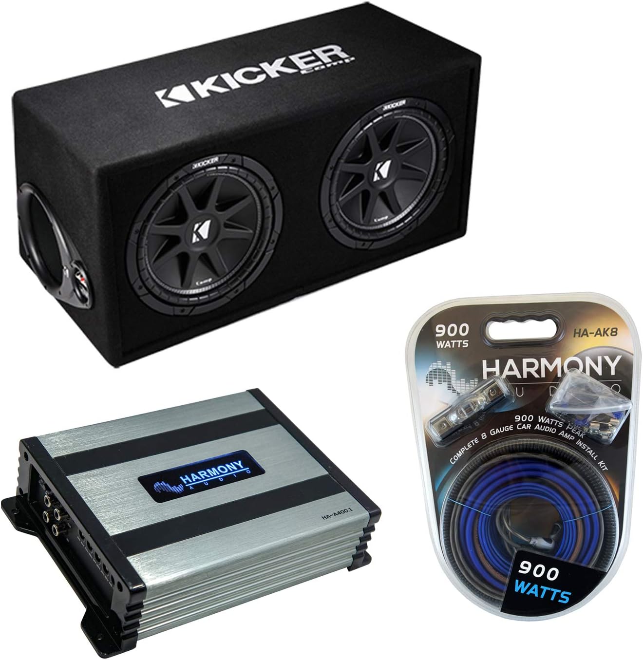 Harmony Audio Kicker Bundle Loaded Dual 12 Ported Comp 600W Sub Box Enclosure 43DC122 with Harmony HA-A400.1 Amp and Amplifier Wiring Kit