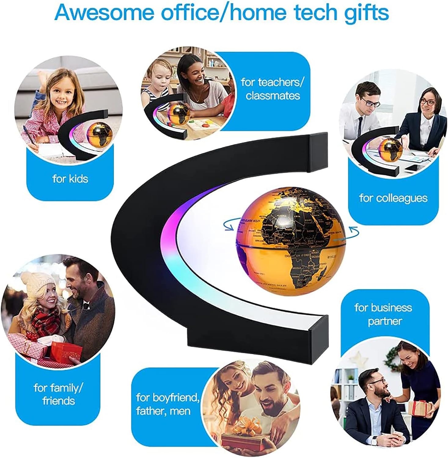 Magnetic Levitation Floating Globe with LED Light, Office Decor, Levitating Globes Desk Decor & Shade, for Men/Father/Husband/Boyfriend/Kids/Boss/Women, Globe for Desk, Xmas Gifts