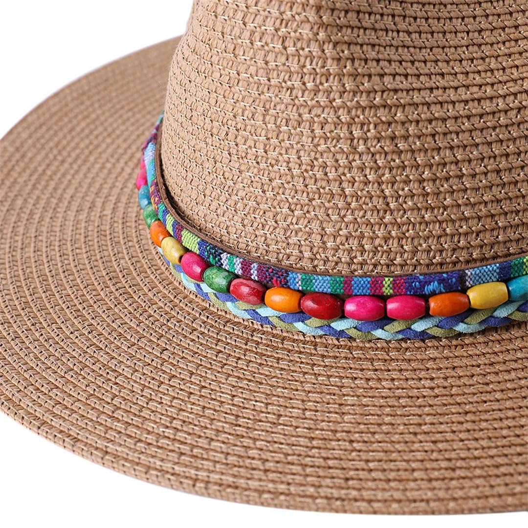 Cappello in paglia Panama, da donna, a tesa larga, da viaggio, spiaggia, jazz, Marrone, 6 7/8-7 1/8