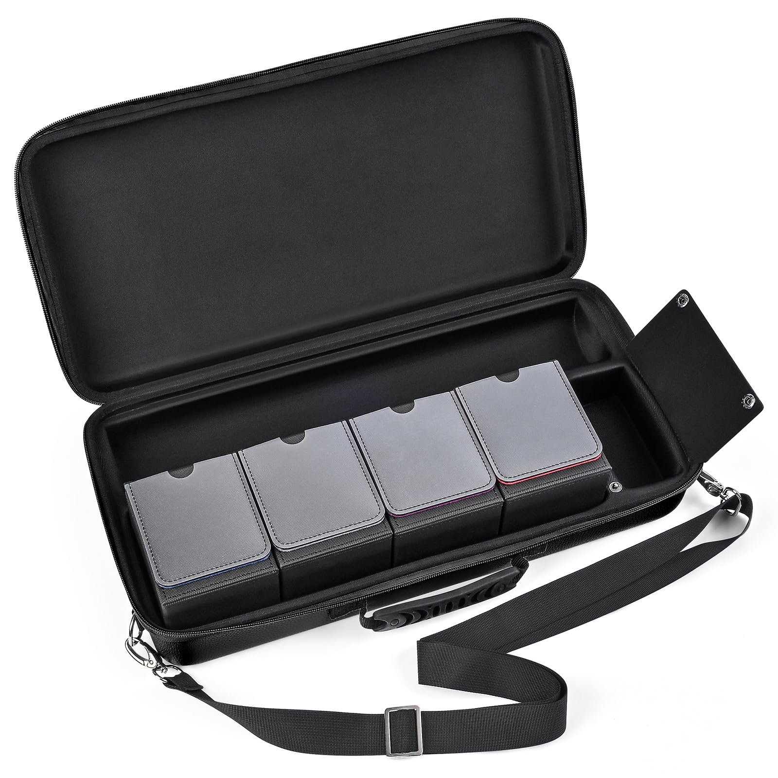 Funda de transporte para tapete de juego y mazo, para TCG/MTG Gamemat con 4 cajas de cubierta, 3 compartimentos para tapete de juego, caja de cubierta y dados, con correa de hombro ajustable