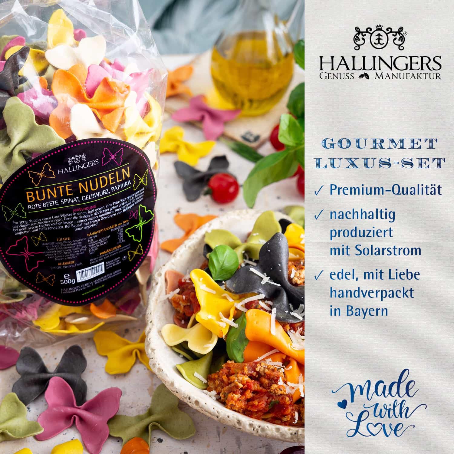 Hallingers Genuss Manufaktur Feinkost Geschenk-Set - XXL-Geschenkkorb "Pasta Time" großes Mitbringsel Wein, Bunte Nudeln, Olivenöl, Schokolade & Pasta-Gewürz, Geschenkidee für Frauen Männer