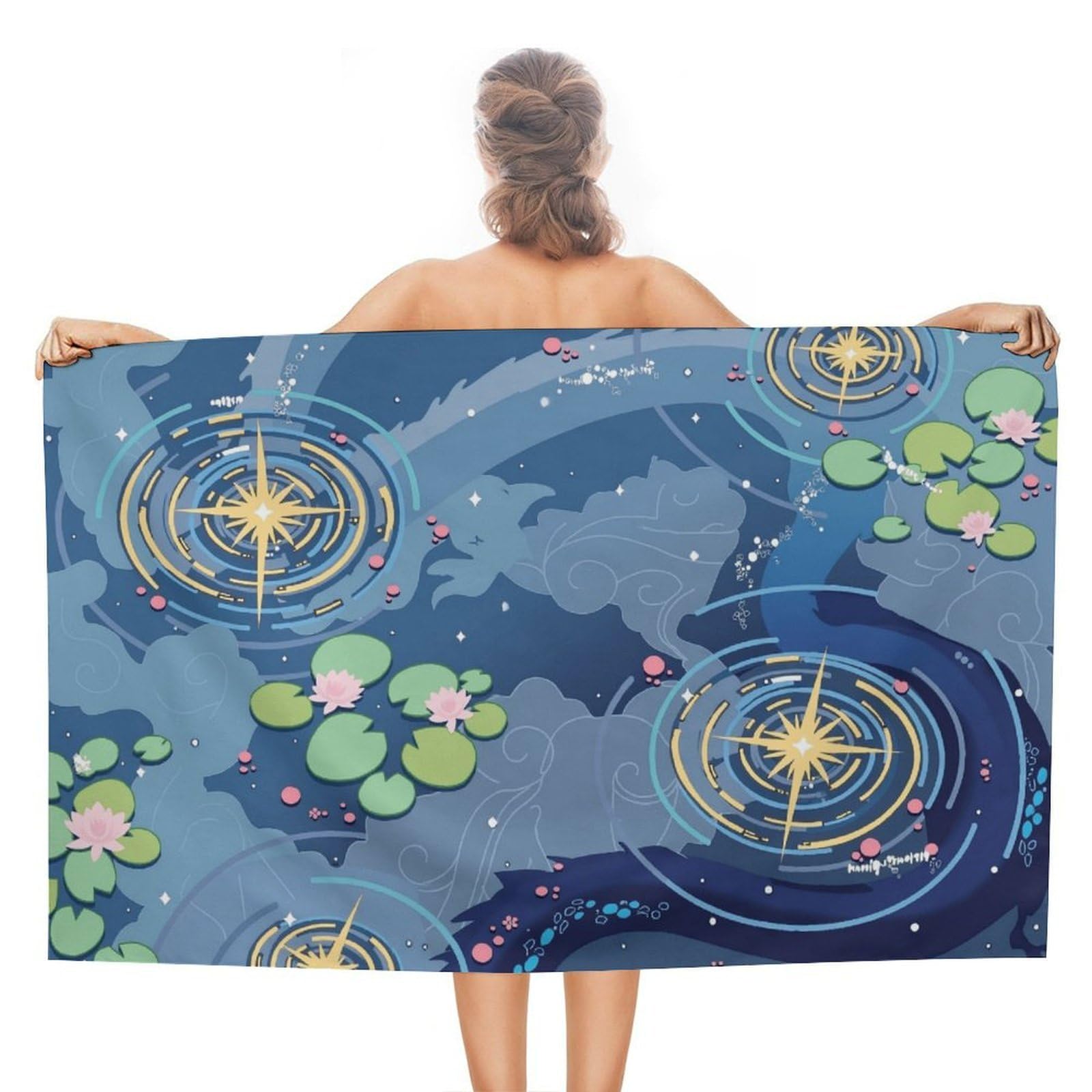 Anceky Lotus Pond Compass Beach Towel Microfiber Soft Absorbent Oversized Large Bath Towel Blanket Thin Quick Dry for Adults Swimming Pool Yoga Gym Travel 51"X31"