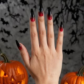 Halloween Semi Cured Gel Nail Strips - Black & Red Gradient Design, Long Lasting Salon Quality, 20 Pcs Full Nail Wraps, Easy DIY Manicure at Home (UV Lamp Required)