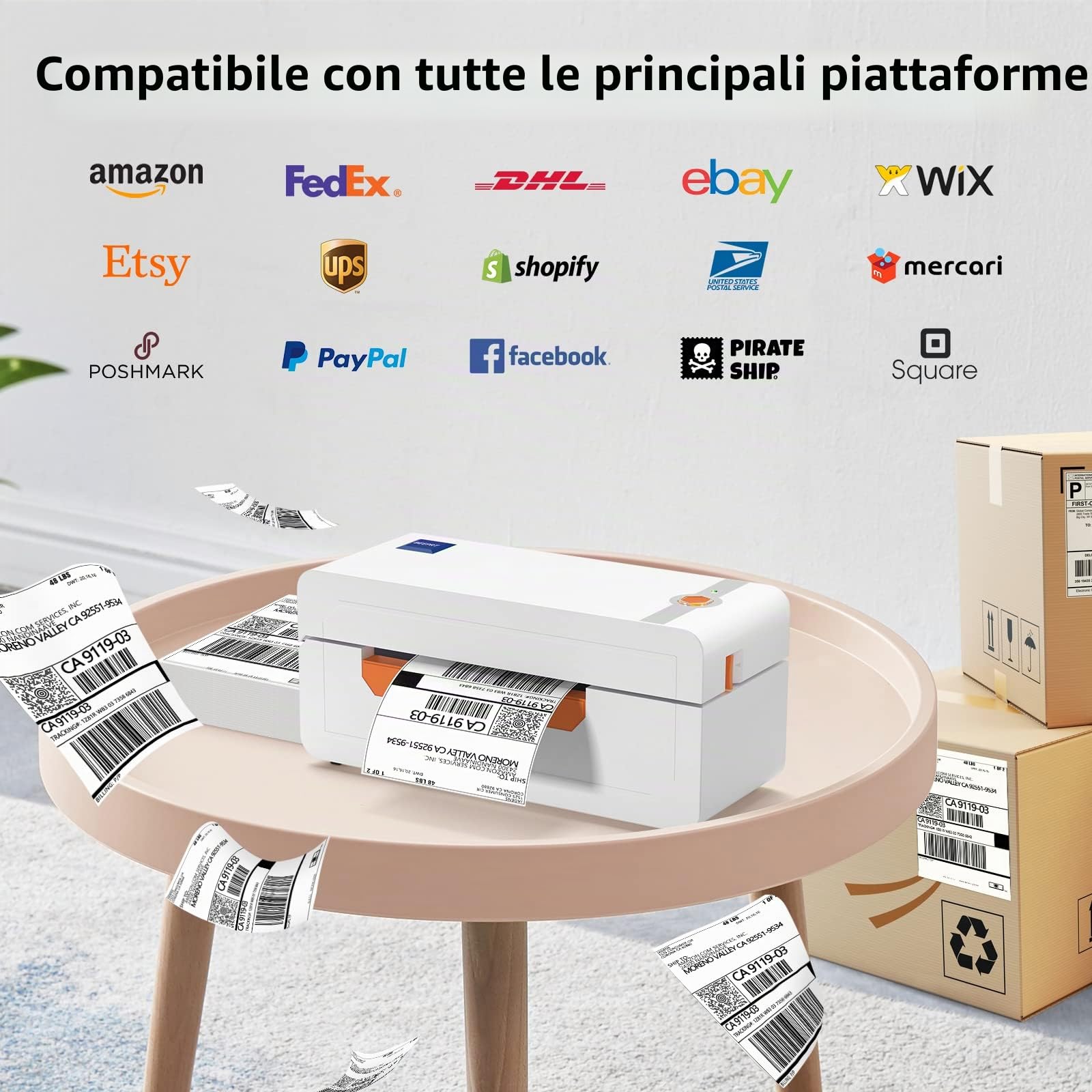 JADENS Stampante termica per etichette Bluetooth, stampante per etichette di spedizione 4x6 per pacchi di spedizione 203DPI, dimensioni di stampa da 1,5"-4,1" compatibile con Hermes, Royal Mail,