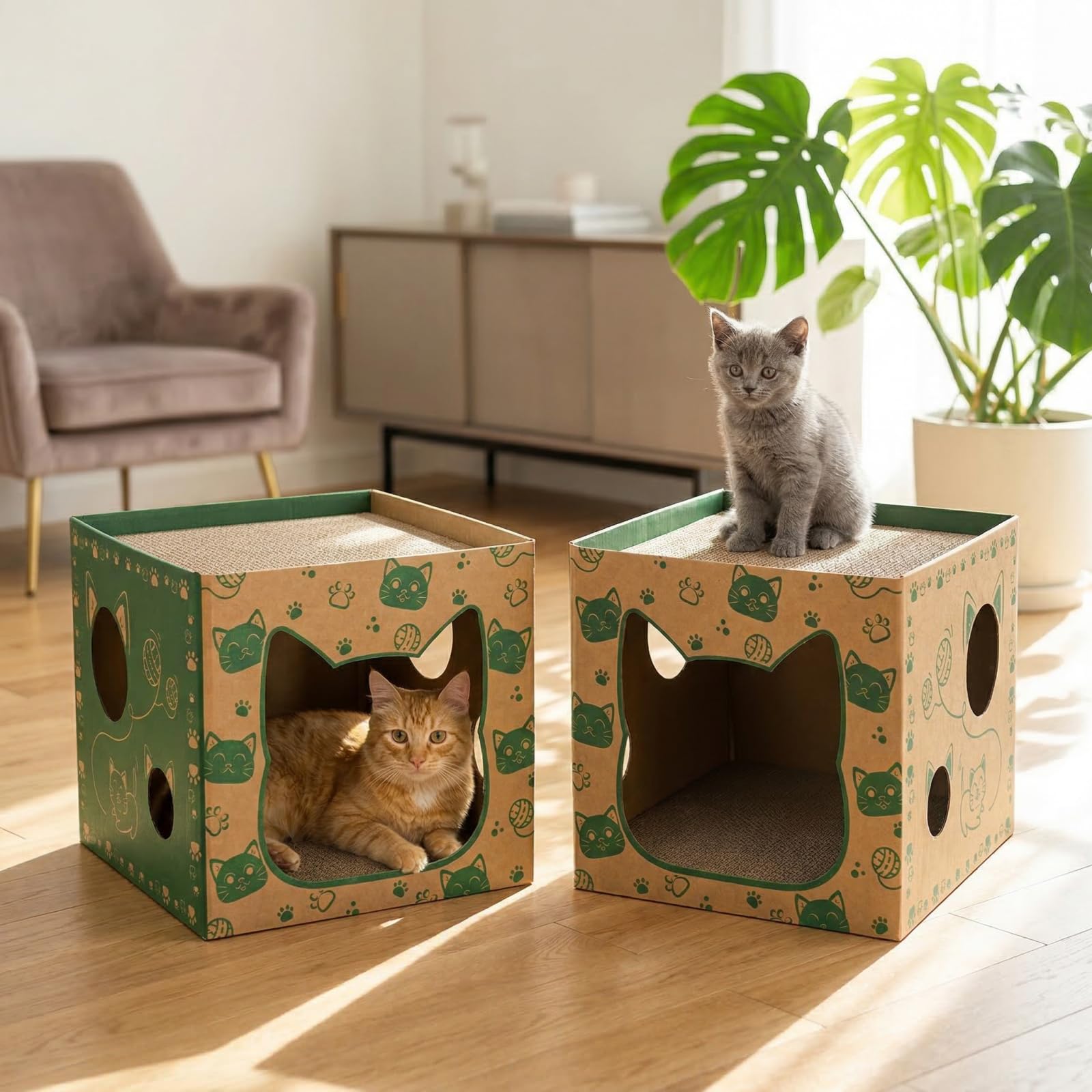 Pumtus Paquete de 2 casas de cartón para gatos, casa de juego para gatos con 2 almohadillas para rascar, cueva escondite corrugada para gatos, bonita caja de condominios para gatos, juguete rascador