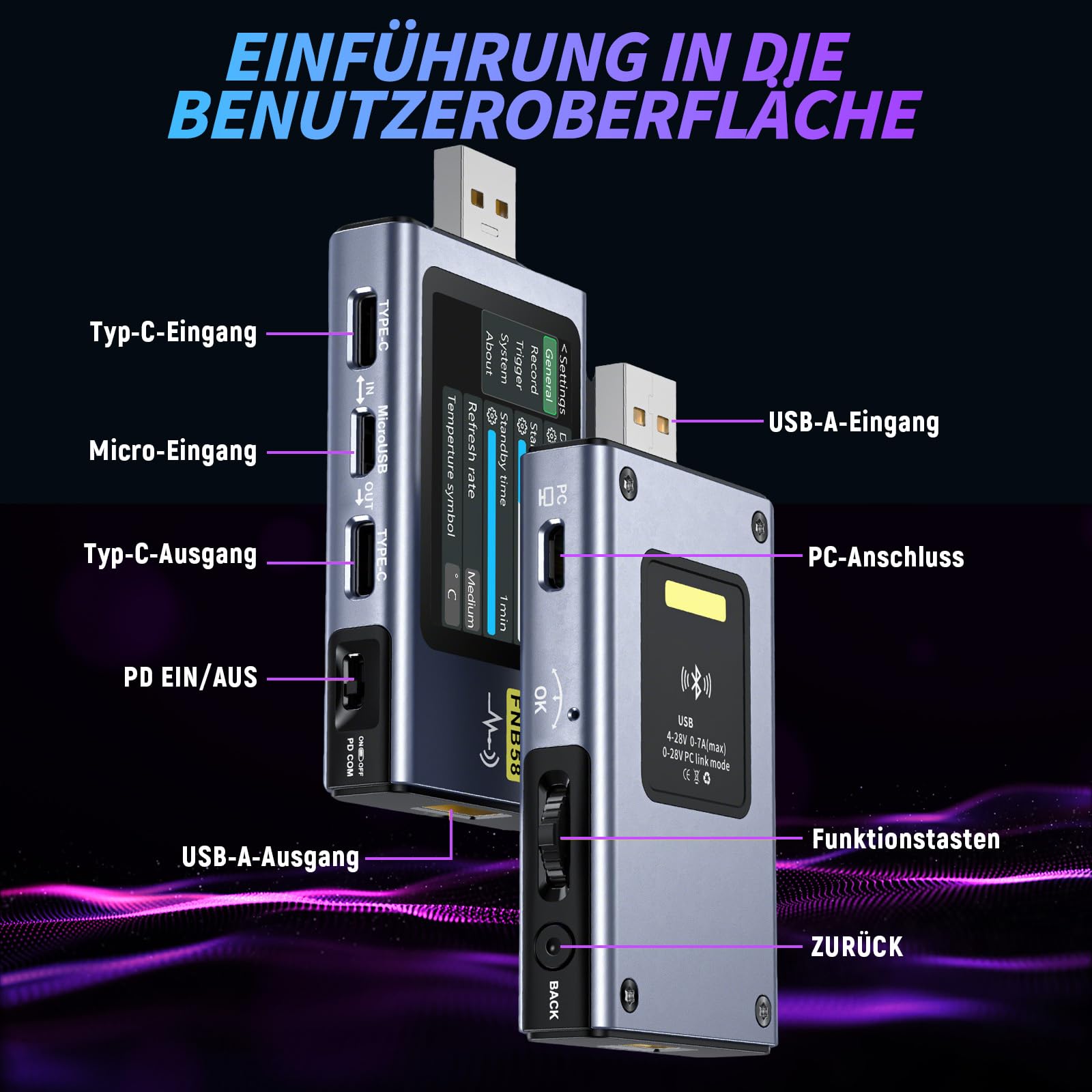 FNB58 USB Kabeltester mit 2,0 Zoll Display, 4–28V, 7A, USB-A & USB-C Multimeter mit Schnellladungserkennung, Auslöser, Kapazitätsmessung, Welligkeitsmessung, PD2.0/PD3.0, QC2.0/QC3.0 (Mit Bluetooth)