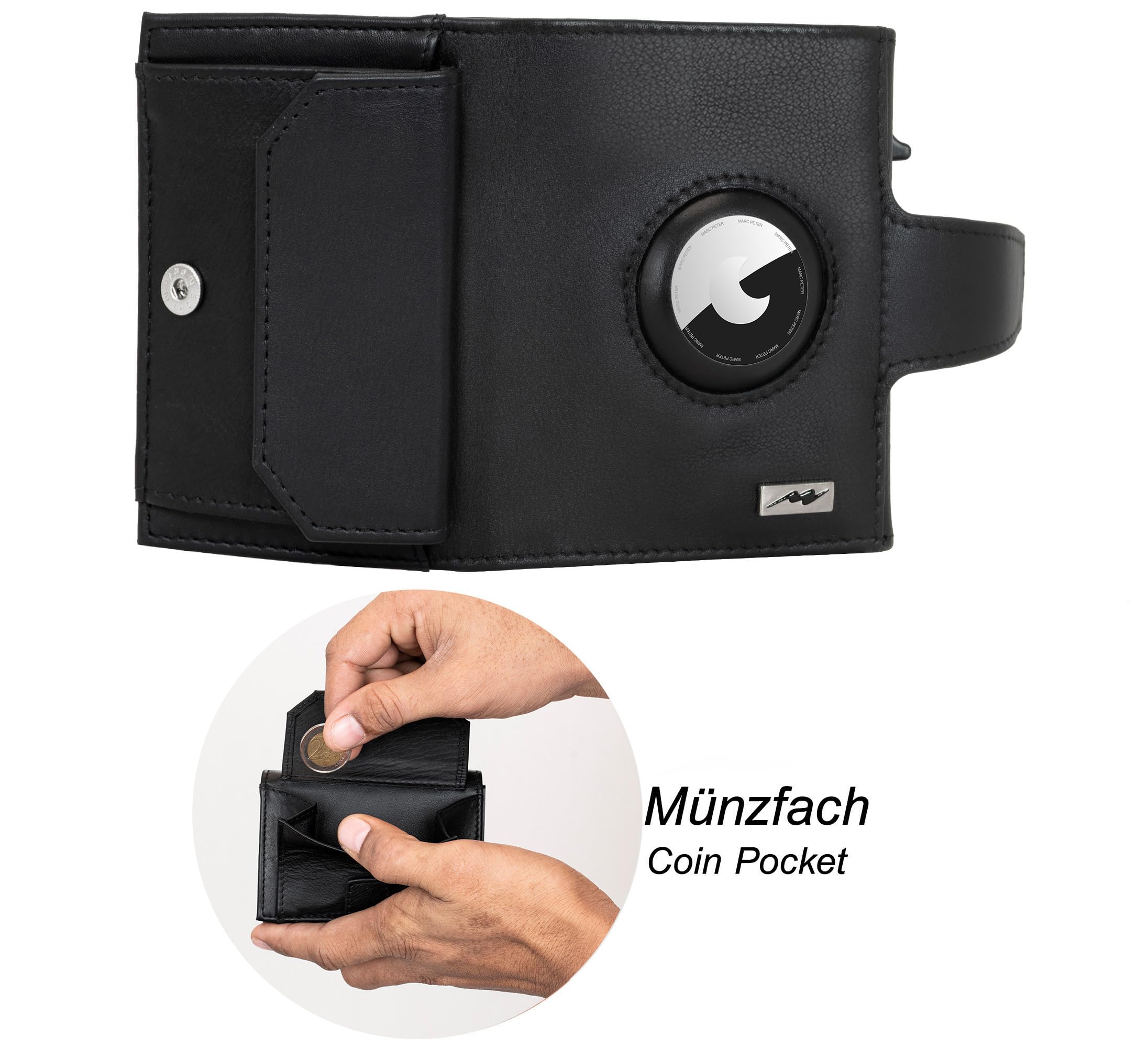 Marc Peter® Chicago Leder Push Air Slim Wallet - Airtag Geldbörse mit Münzfach - RFID Schutz kleines Mini Portmonee Leder Schwarz XL MÜNZFACH