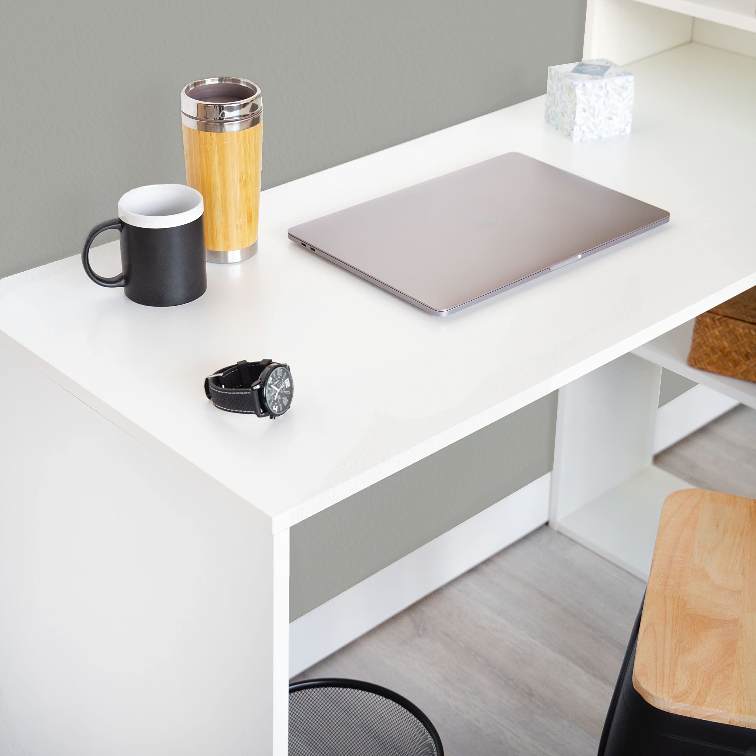 duehome | Escritorio Juvenil con Estanteria Reversible, Mesa de Ordenador, Modelo Qanik, Acabado en Blanco, Medidas: 122,5 cm (Largo) x 49,5 cm (Ancho) x 140 cm (Alto)