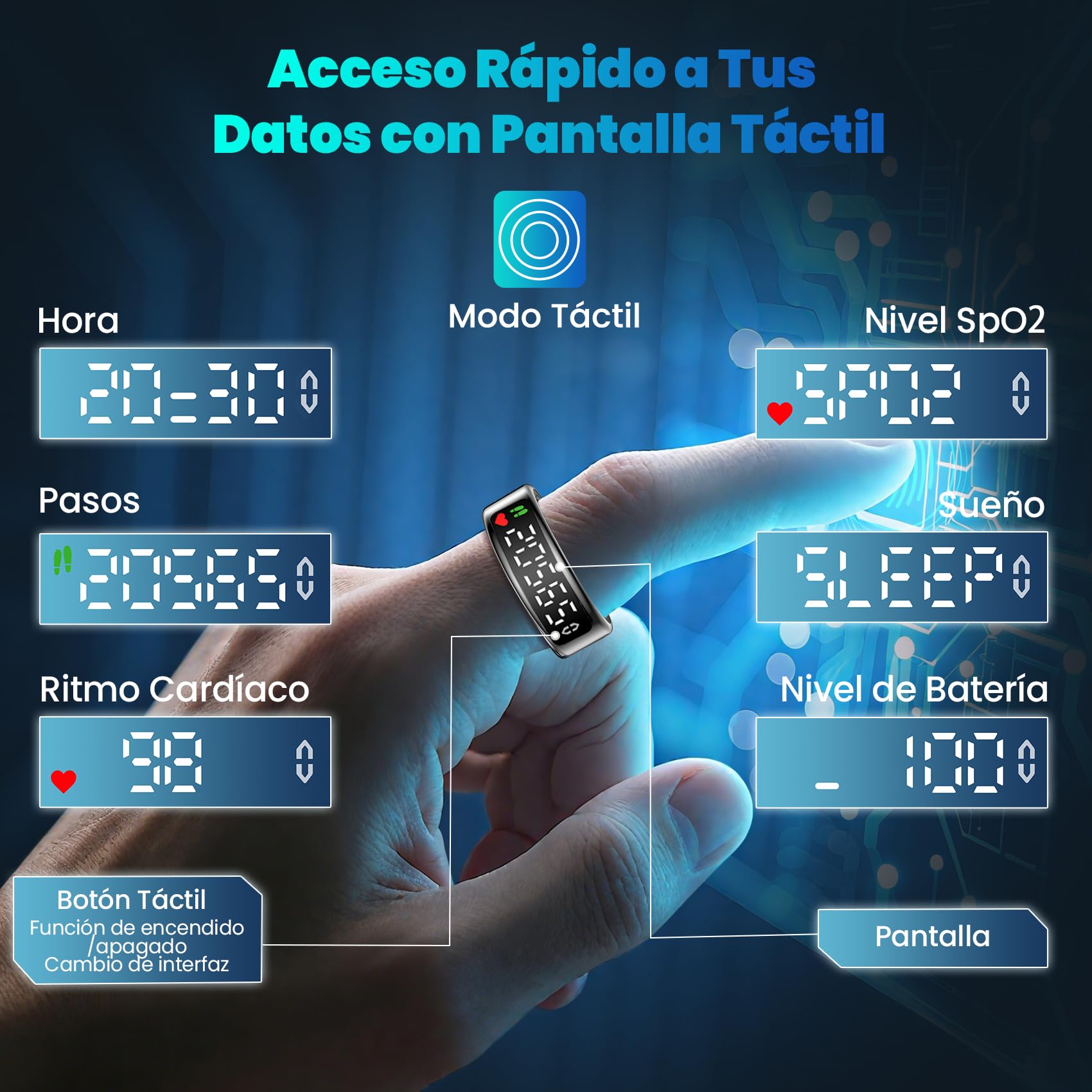 Smart Ring con Pantalla LED, Health Fitness Ring Tracker IP68, iOS Android, Negro, 11