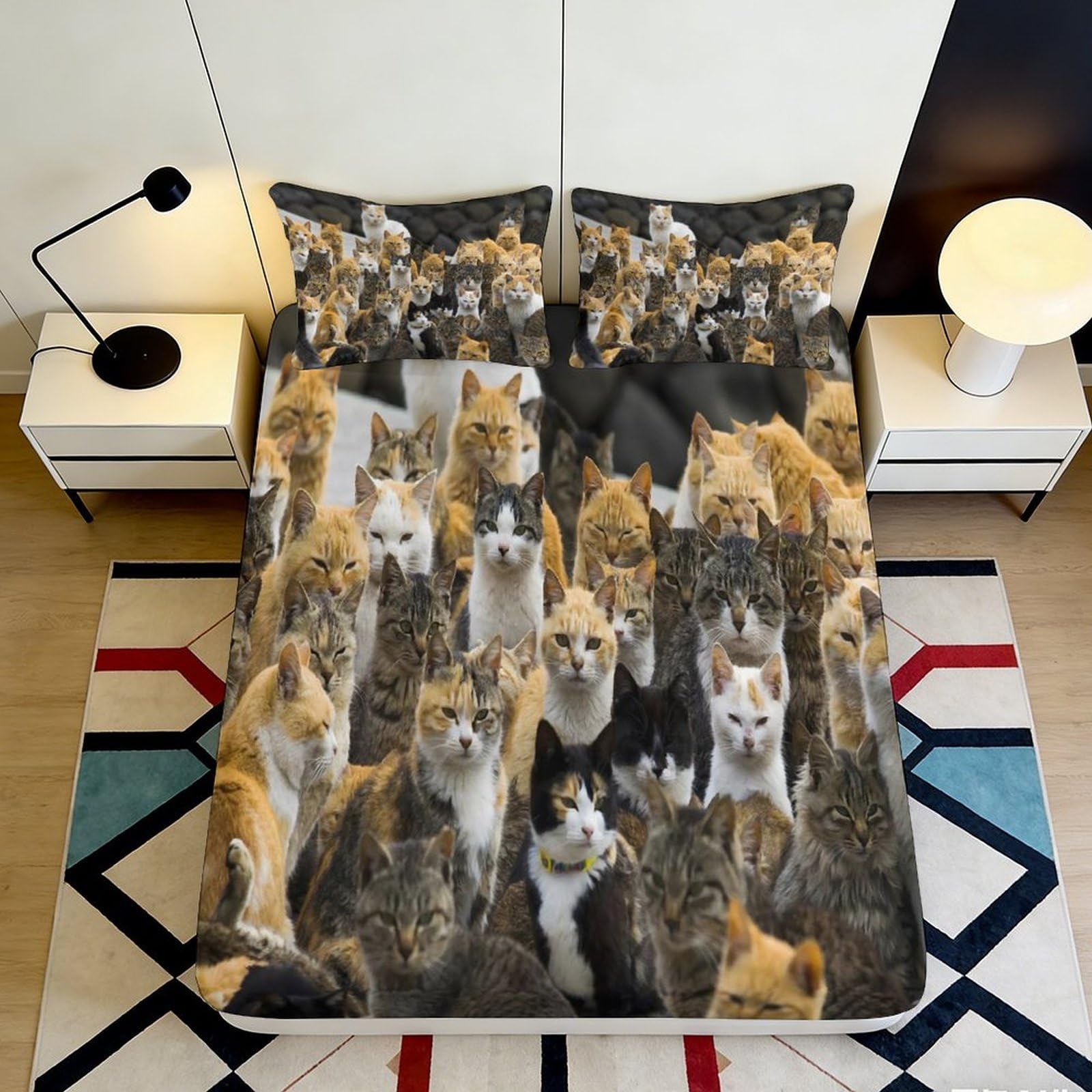 3D Printed Cat Crowd Fitted Sheet Microfiber Soft Anti-Slip Bed Sheet Bedroom Decor Dorm Mattress Cover 90x200x25cm