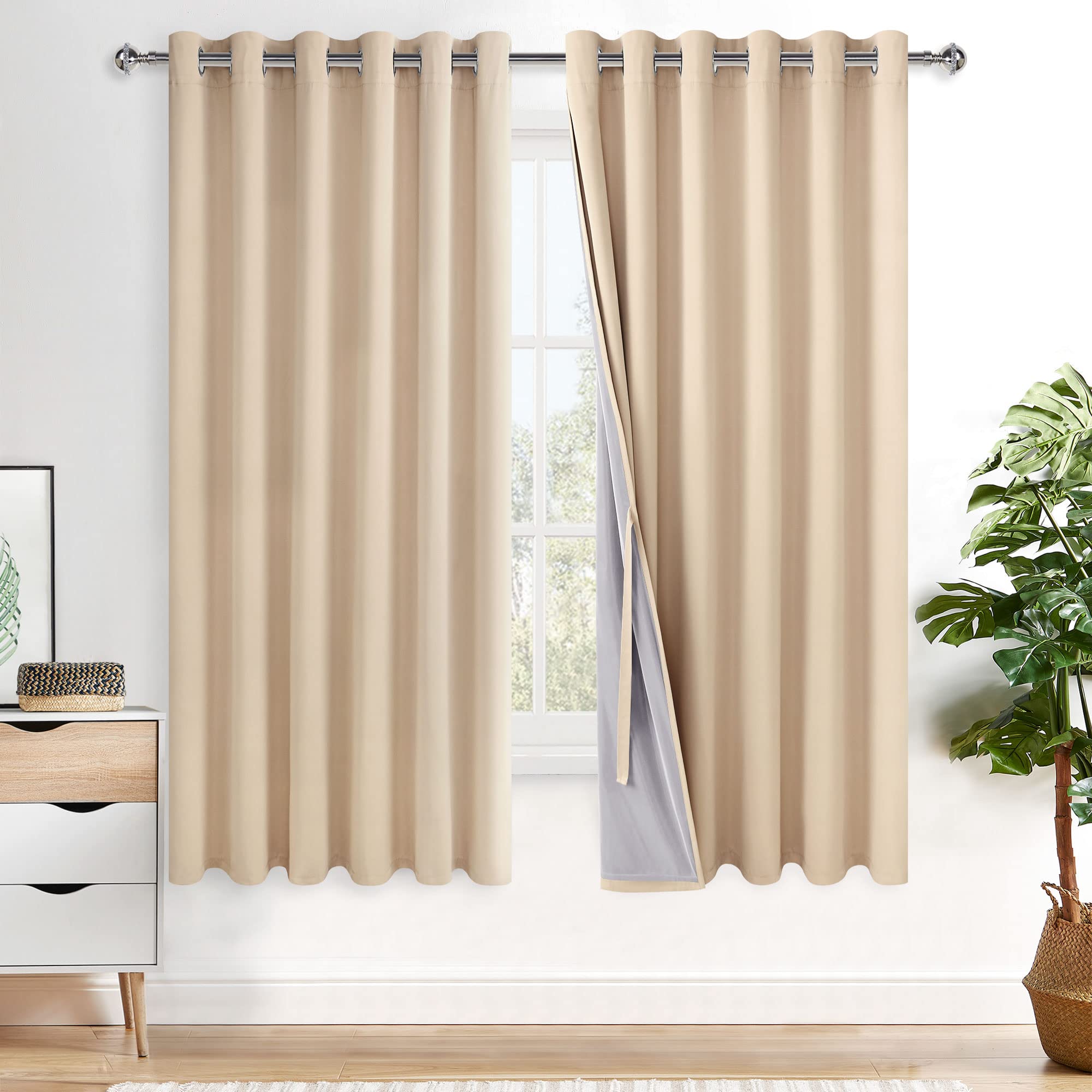 XWZO Lot de 2 Rideaux 100% occultants – Rideaux à Isolation Thermique avec Doublure Noire, antibruit et bloquant la Chaleur – pour fenêtre de Chambre à Coucher et de Studio – Beige Biscotti – 177,8 x