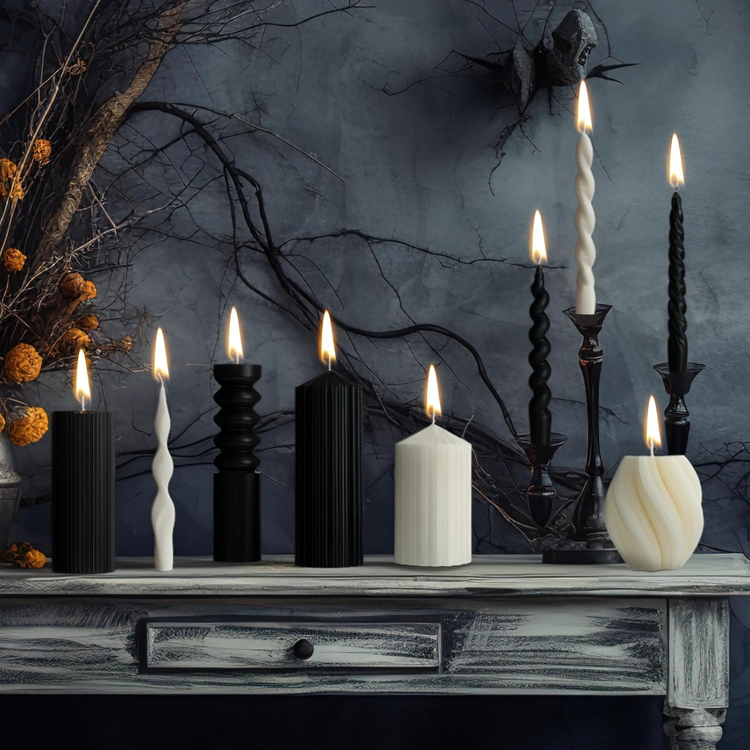 Nuanchu 9 Pcs Modern Decorative Candles Set 5 Pillar Aesthetic Ribbed Candles 4 Spiral Taper Twisted Candlesticks Scented Smokeless Soy Wax for Wedding Holiday Dinner Home Decoration(Halloween Color)