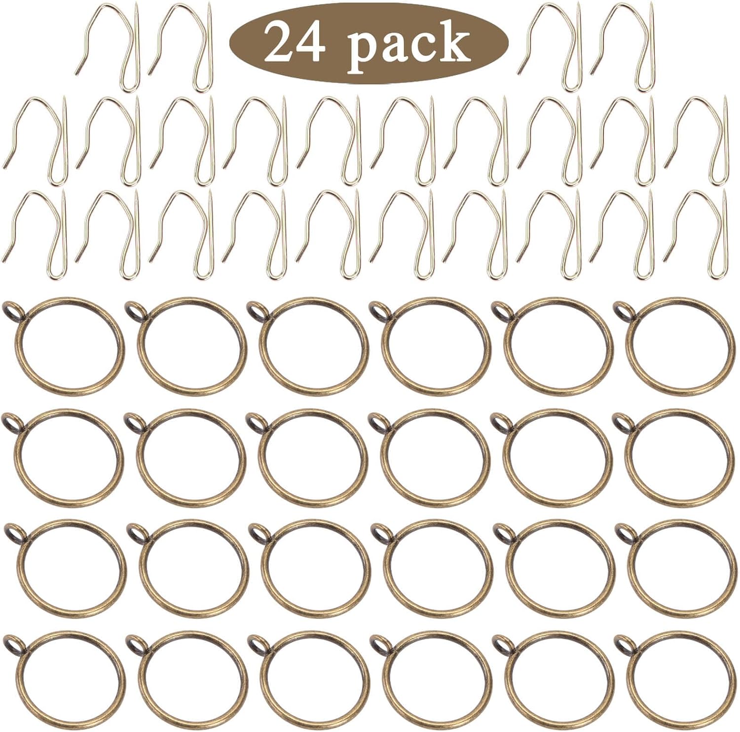 Curtain Rings with Hooks Rustproof Metal Drapery Rings with Eyelets and Pinch Pleat Curtain Hooks for Window Door Shower Curtain 1.25 Inch Inner Diameter 24 Pack Brass TXZWJZ