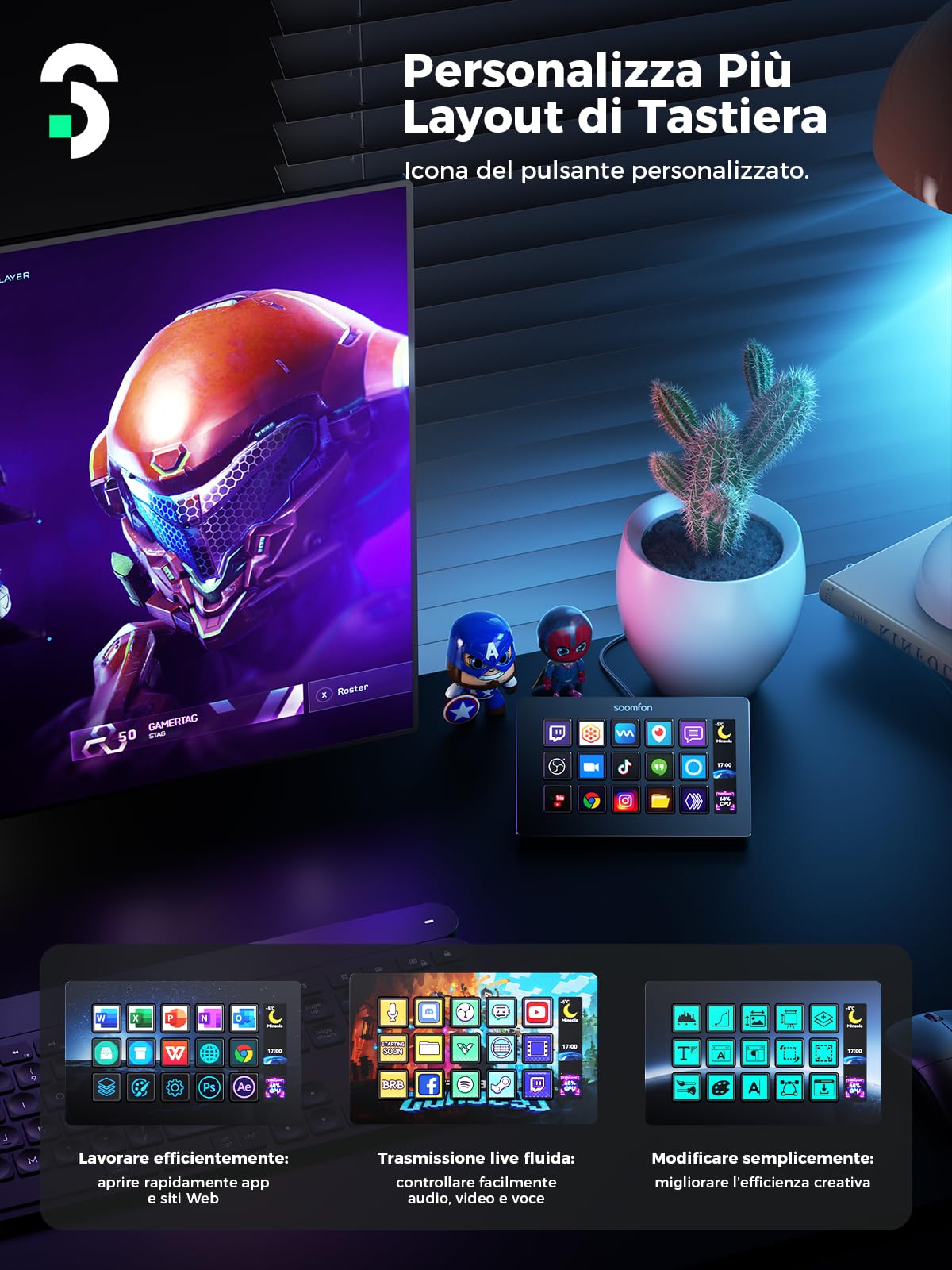 Stream Controller 15 Tasti - SOOMFON Control Deck V.2024 Aggiornata con 15 Macro Pulsanti LCD Personalizzabili per Attivare Azioni in OBS, Twitch, YouTube, per Live-Streaming, Editing di Foto e Video