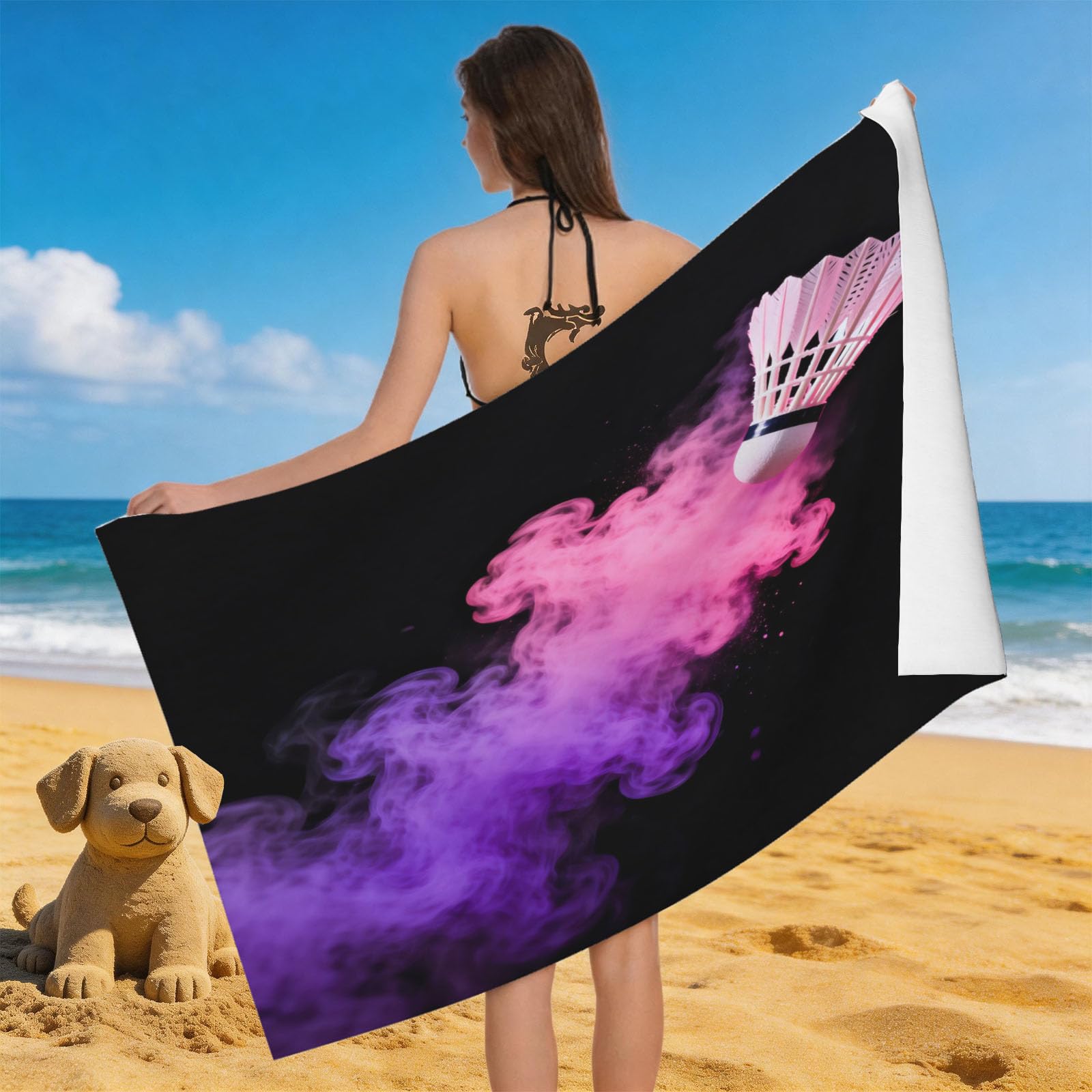 Leichong 3D Badminton Beach Towel Microfiber Soft Quick Dry for Adults, Simple Themed Bath Towel Lightweight Soft Absorbent for Travel Swimming Pool Sports, 75 x 150 cm