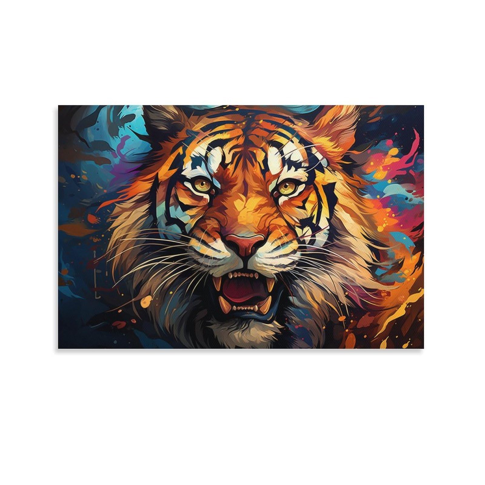 CPLVKWRQJ Tiger Bright Magical Colorful Single Vibrant Tiger Head Painting Canvas Wall Art - Gift for Her/Him Living Room Focal Point Ready to Hang Decor 24x36inch(60x90cm)
