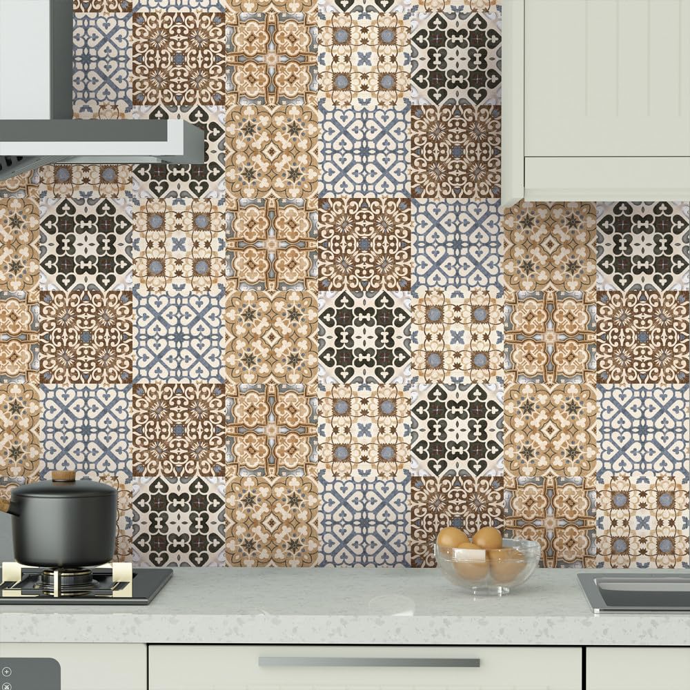 Moroccan Tile Stickers for Kitchen， Tile Stickers Self Adhesive Waterproof Oil Proof Multiple Sizes(10 Pcs/20x20cm)