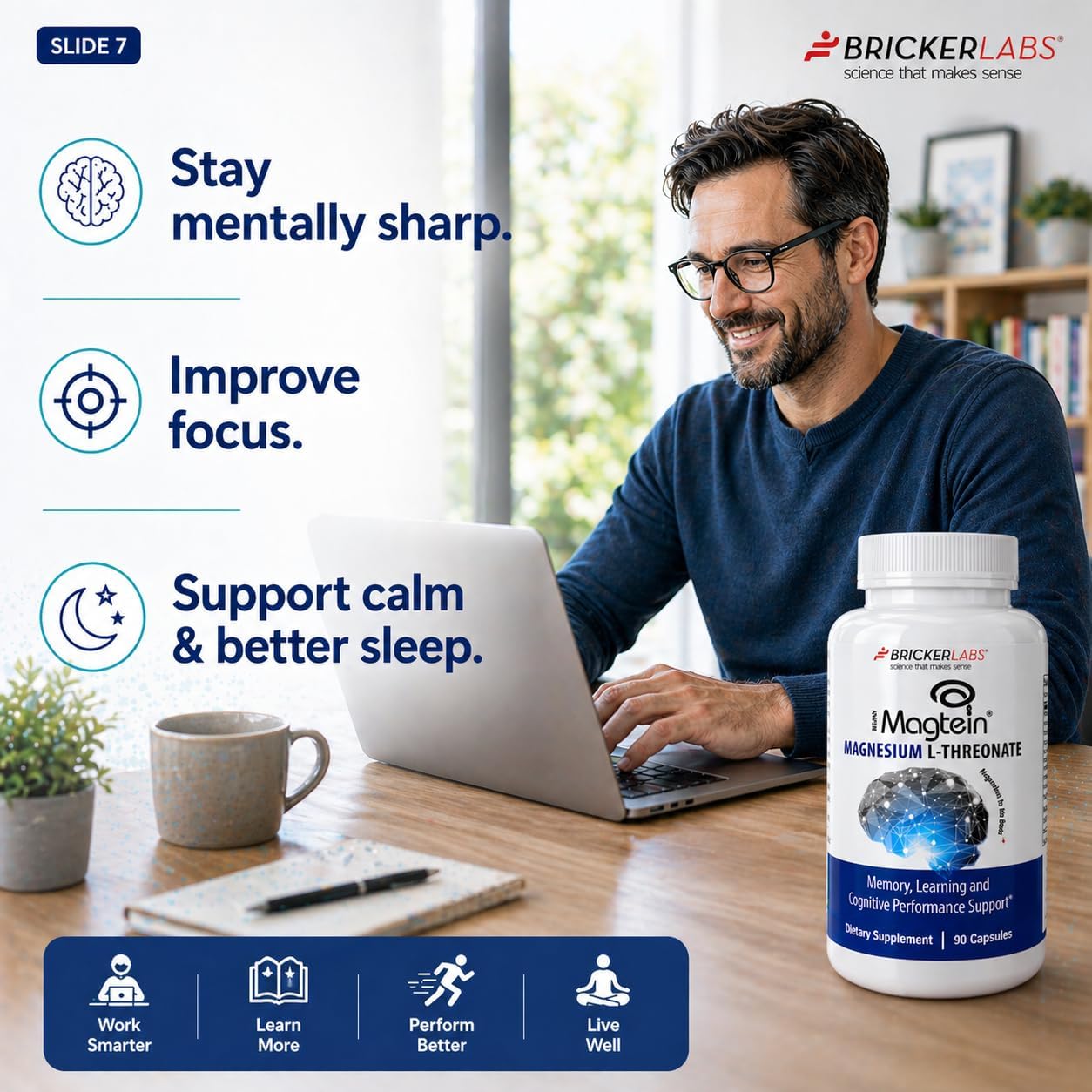 Bricker Labs Magtein® Magnesium L-Threonate Supplement – Brain Health, Memory, Focus, Learning & Cognitive Function Support – 90 Capsules, 30 Servings