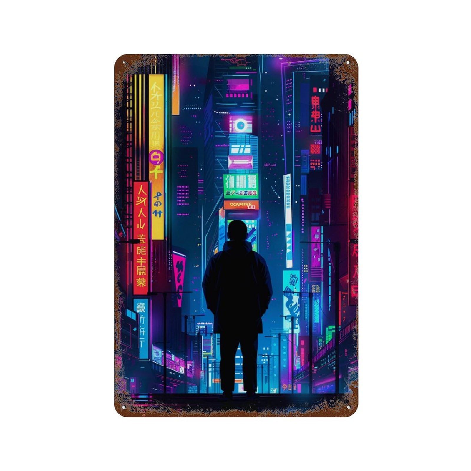 Neon Cityscape-1 Decorative Tin Sign 11.8"x7.9", Shabby Chic Decor for Garage, Pub Or Kitchen