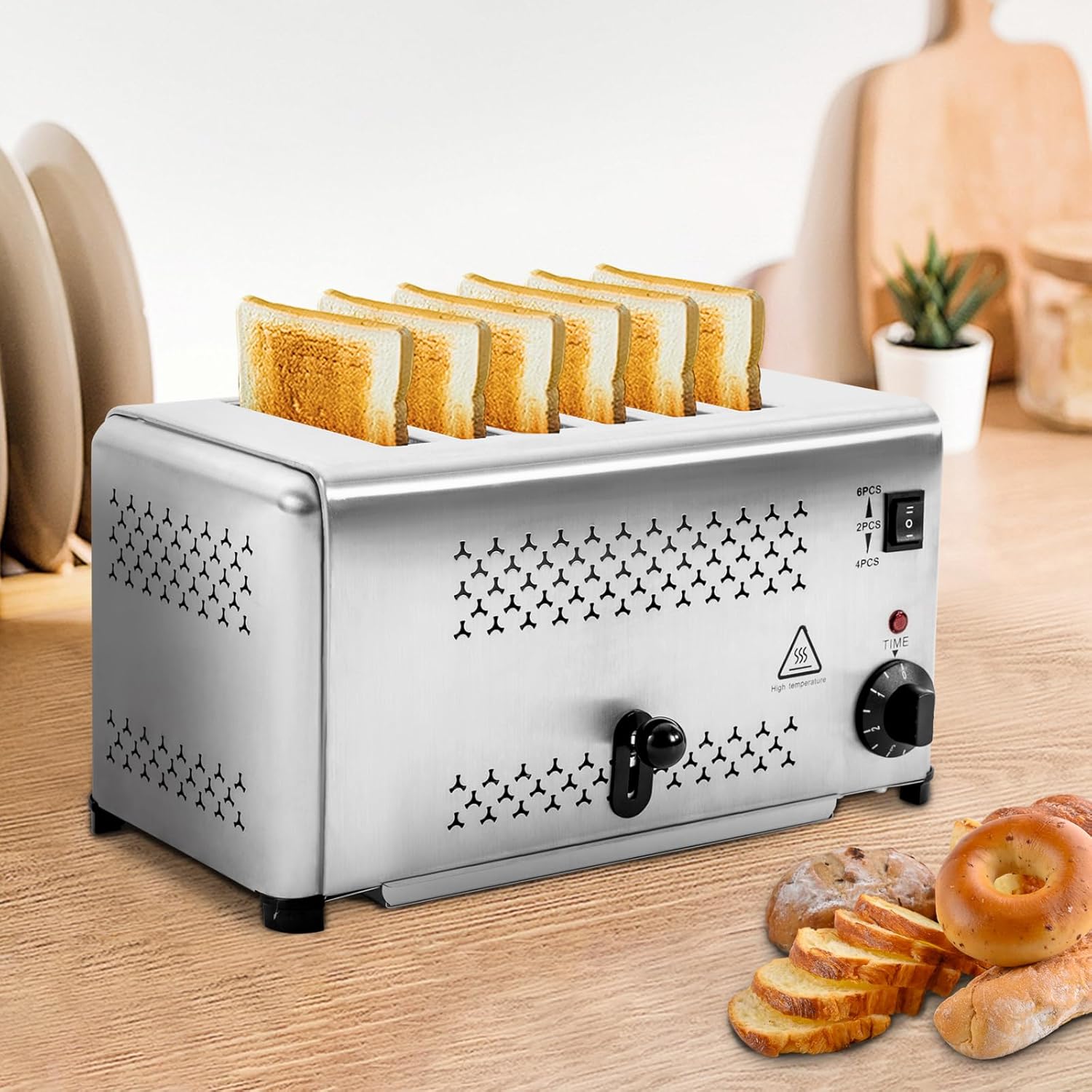 6 Slot Commercial Toaster Stainless Steel Bread Baking Machine, Pop-Up Electric Toaster Machine 5 Temperature Control for Home Kitchen Restaurant, 1650W 110V