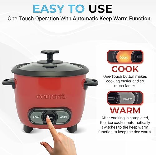 Miniatura 5 de Courant Arrocera de 6 tazas (cocida), recipiente antiadherente extraíble, olla arrocera de un solo toque, rojo