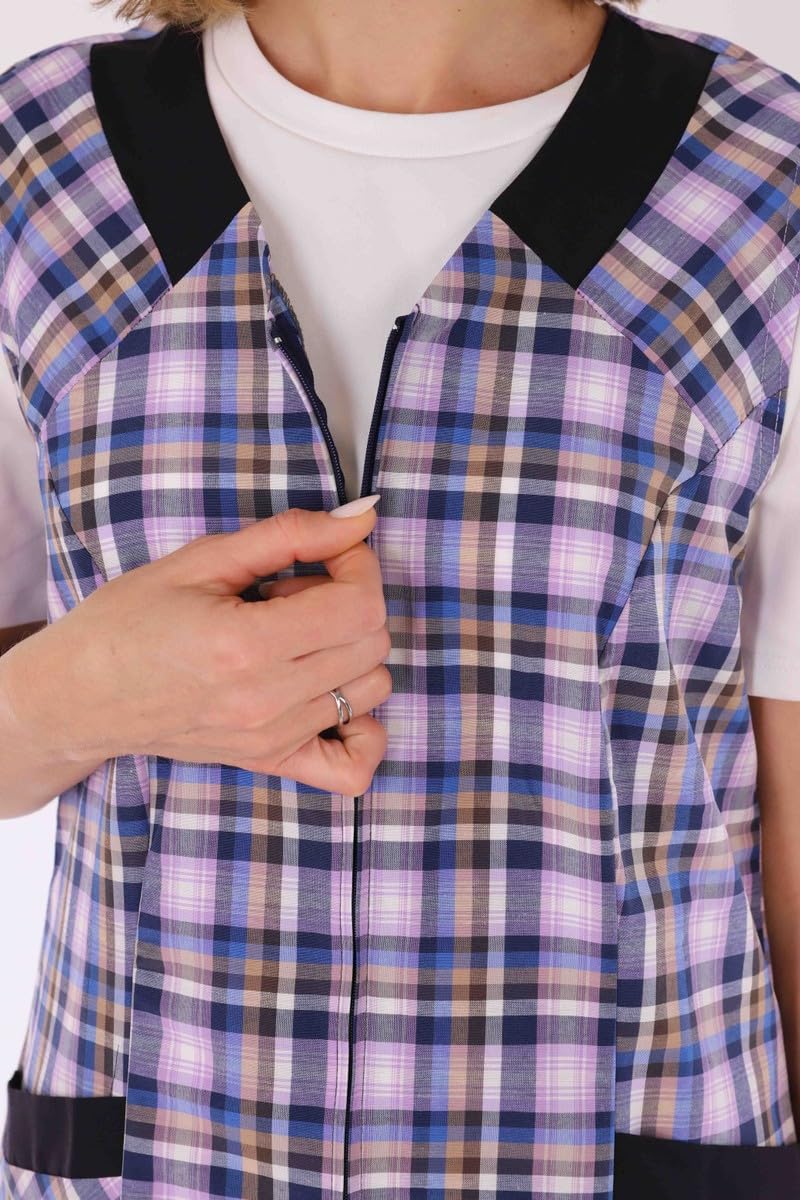 Camice con chiusura lampo, camice da donna, grembiule senza maniche, grembiule da cucina, grembiule da cucina, grembiule da casa, camice da donna, a quadretti, cotone/poliestere