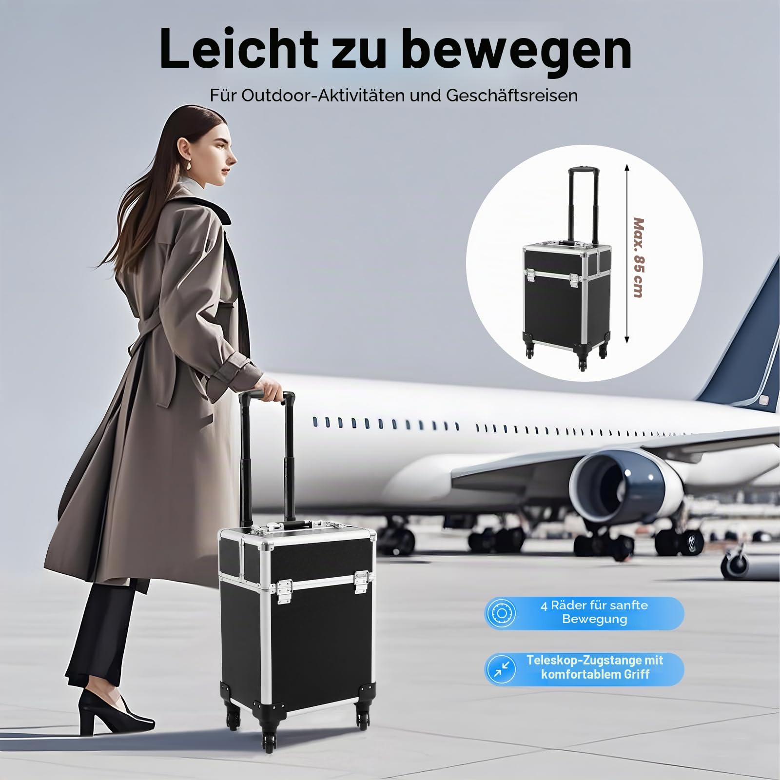 Kosmetikkoffer Trolley, 3-in-1 Schminkkoffer mit Faltbares Tablett und Rädern, Multifunktional Große Kosmetik Make up Koffer, Schminkkoffer für Reise, Friseure, Visagisten (Schwarz)