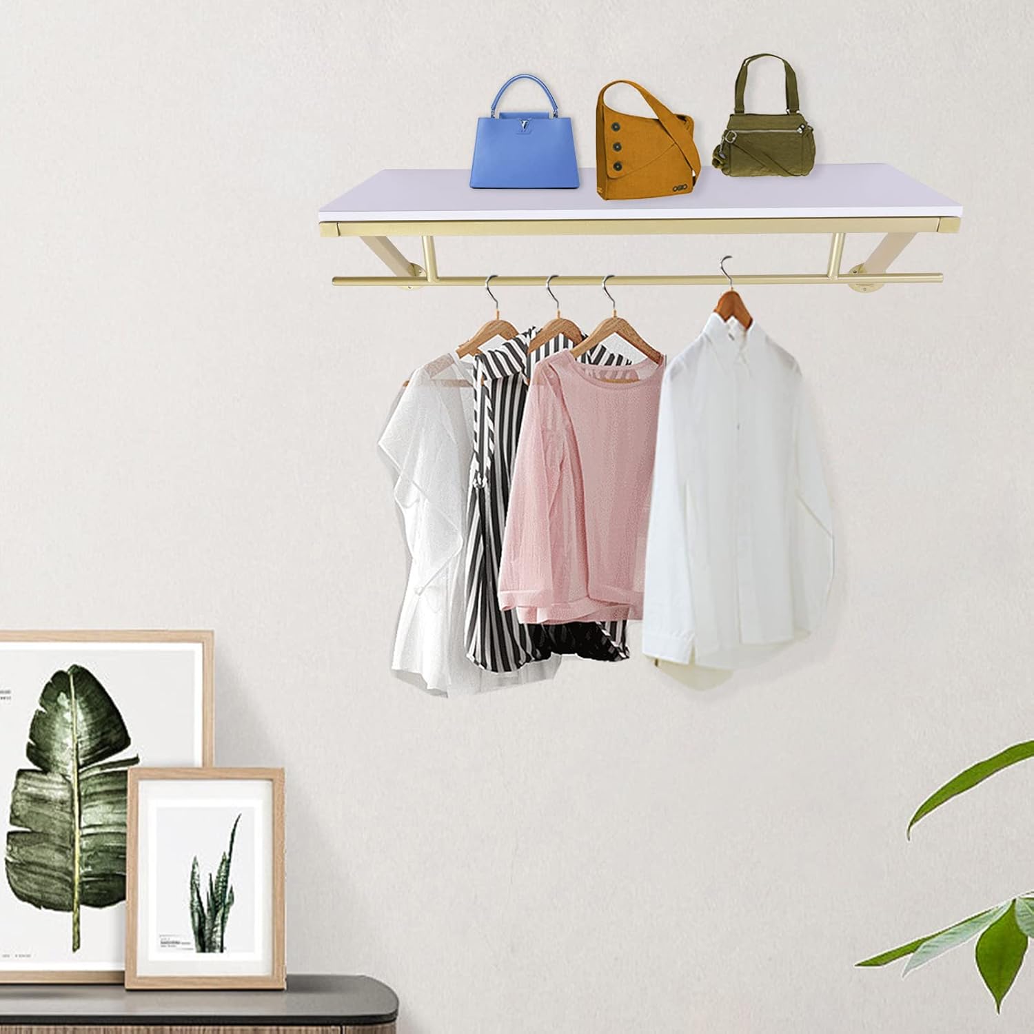 Shelf with Hanging Rod, Gold Closet Rod, Metal Garment Rack with Top Shelf,Wall Mounted Clothing Rack Loads up to 88 lb for Home, Clothing Store, and Hotels