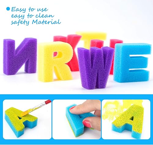 Miniatura 6 de Juego de 53 esponjas de pintura y pinceles para niños, herramientas de pintura de esponja lavables con 26 alfabetos