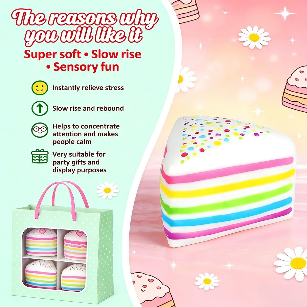 Rainbow Cake Squishies Jumbo Slow Rising Squishy Fidget Sensory Stress Relief Giant Squeeze Ball Soft Anxiety Toy, Layer Cake Slice Colorful Desk Gift for Adults Birthday Party(1pc#)