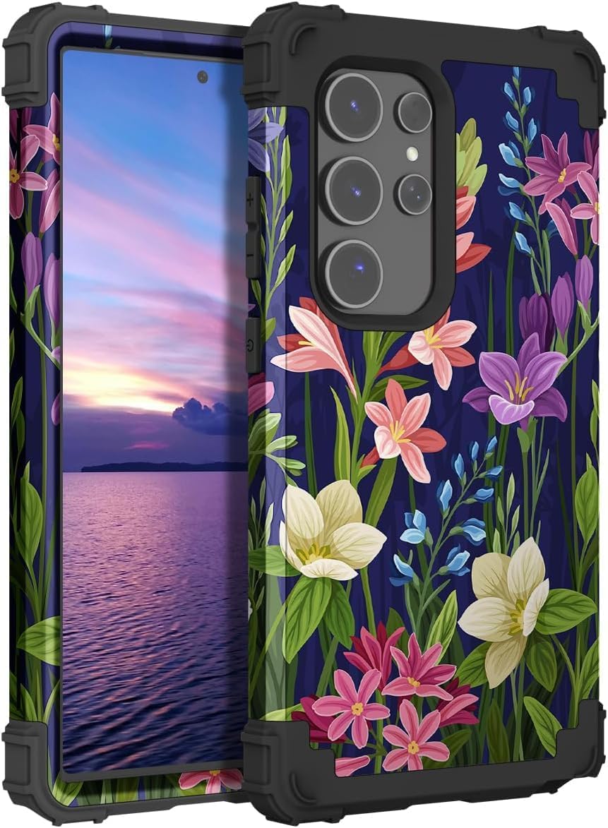 PIXIU Unique Flower Pattern Compatible with Samsung Galaxy S25 Ultra case, Heavy Duty Dual Layer Shockproof Full-Body Protective Sturdy Hybrid Cute Rugged Case for Women,Girls,Kids