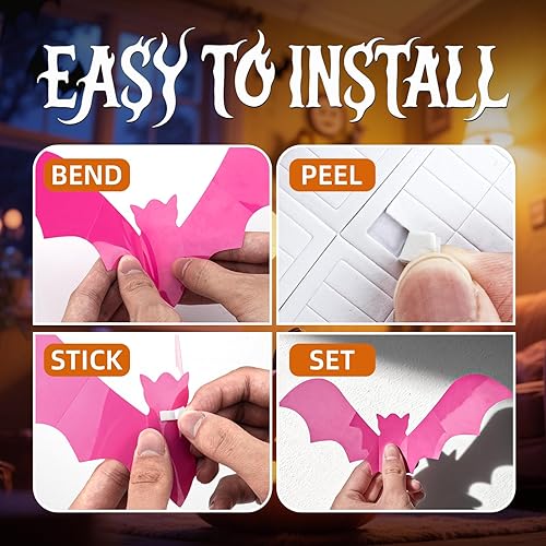 Miniatura 5 de Decoración rosa de Halloween, suministros de fiesta de Halloween, calcomanías espeluznantes para pared, murciélagos 3D, bonitas decoraciones