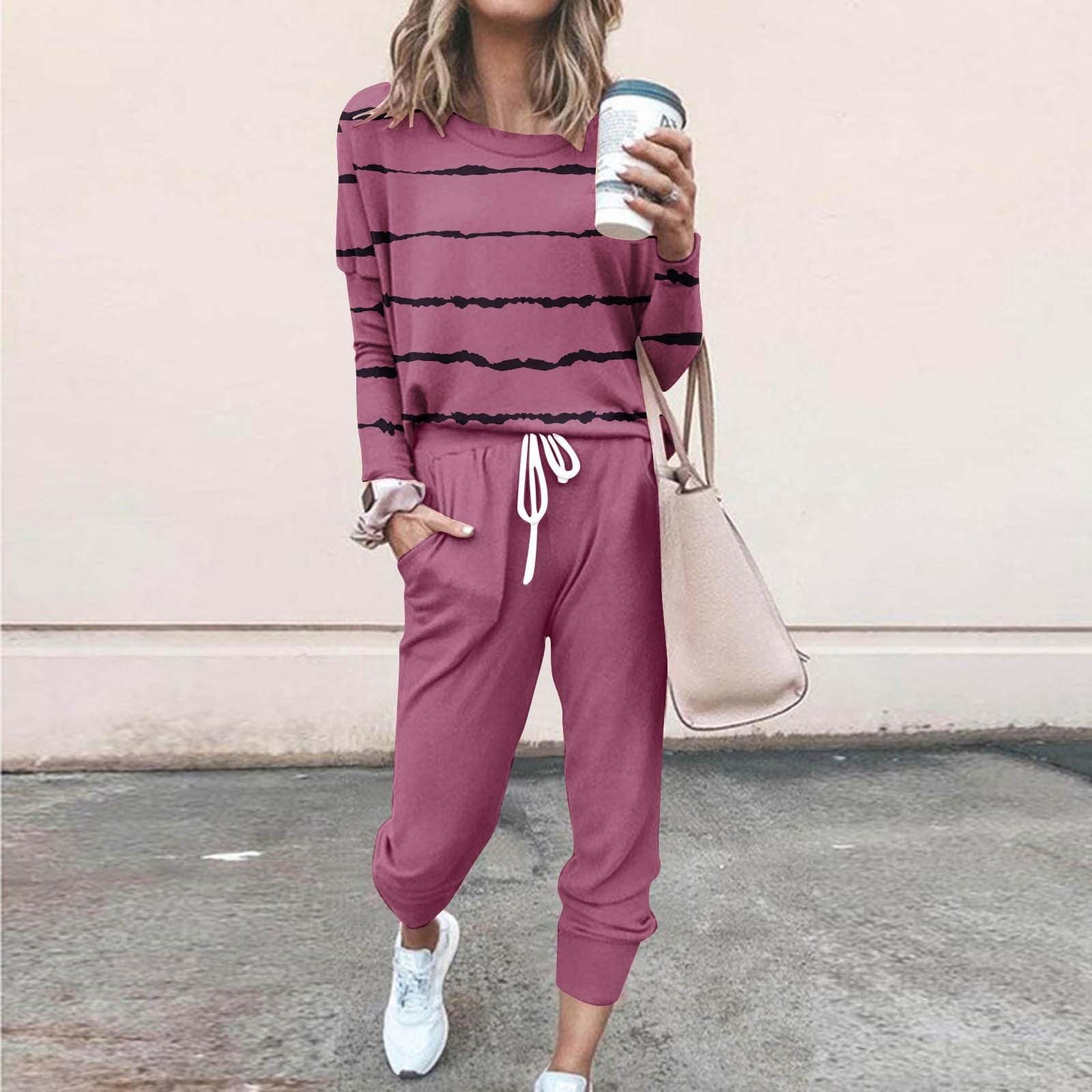 T-Shirt Girocollo Stampata a Righe a Maniche Lunghe da Donna, Camicetta e Pantaloni Lunghi, Leggings, Set di Abiti Casual