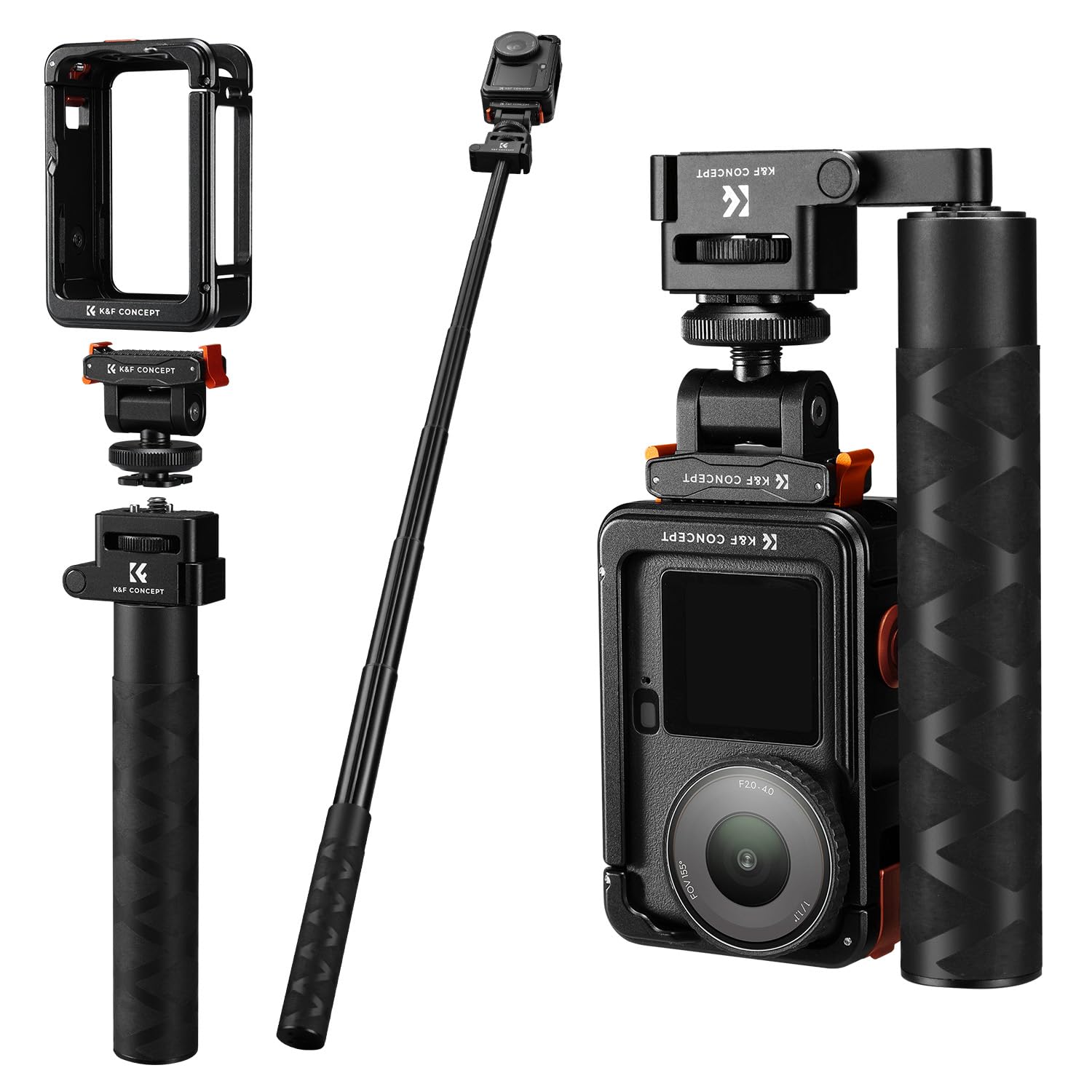 K&F CONCEPT 92.5 cm Action Camera Selfie Stick z klatką Osmo Action 6 i magnetycznym adapterem do szybkiego montażu, składany gwint 1/10.2 cm niewidoczny drążek przedłużający stop