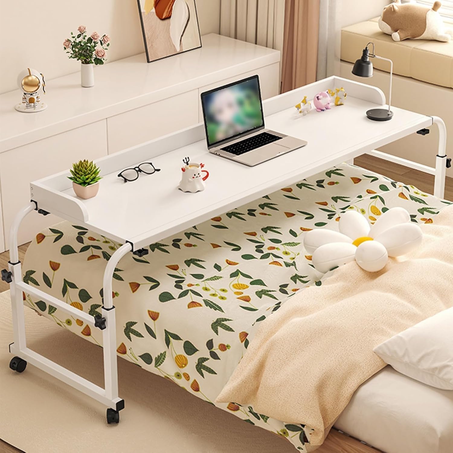Folding Craft Table, Height Adjustable Overbed Table for Eating, White, 115cm x 45cm x 65-95cm