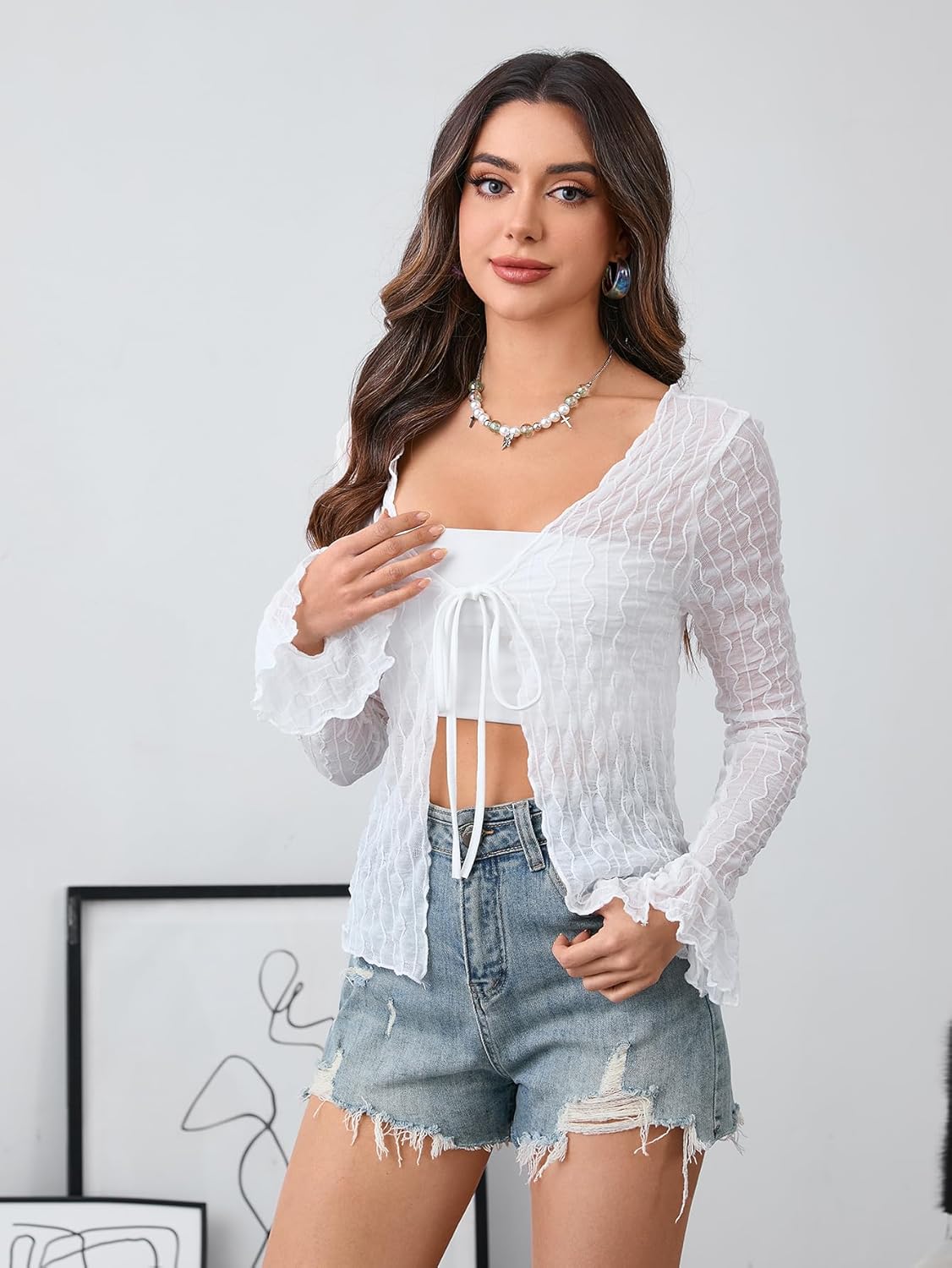 Milumia Women's Y2K Textured Tie Front Sheer Cardigan Lettuce Trim Long Sleeve Rave Top Cover Ups - Image 2