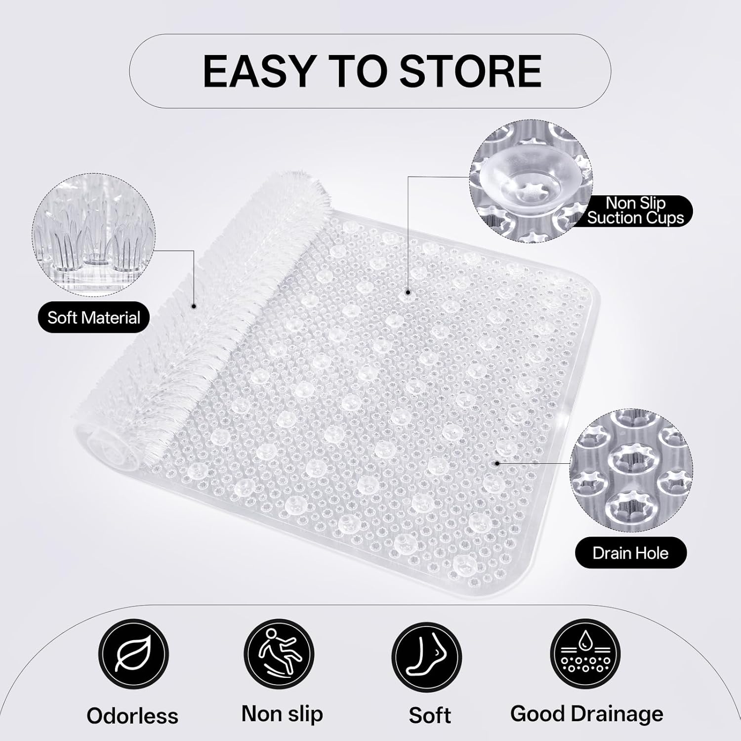 Non Slip Shower Mat, 16x27 Exfoliating Foot Scrubber Mat with Suction Cups and Drain Holes, Quick Drying Soft Bathtub Mat, Machine Washable Drainage Bathroom Mat, Transparent