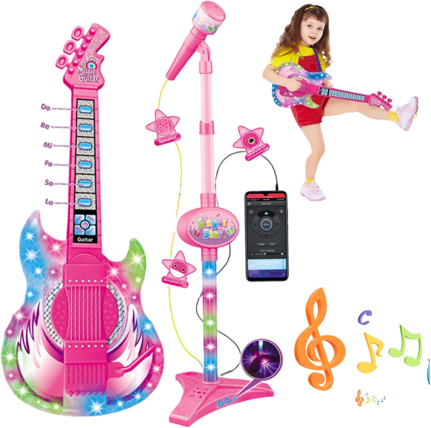 Guitar and Microphone for Kids, Toy Guitar with Music & Light, Adjustable Height 2 in 1 Kids Microphone with Stand, Learning Toy Instruments Electric Learning Toys