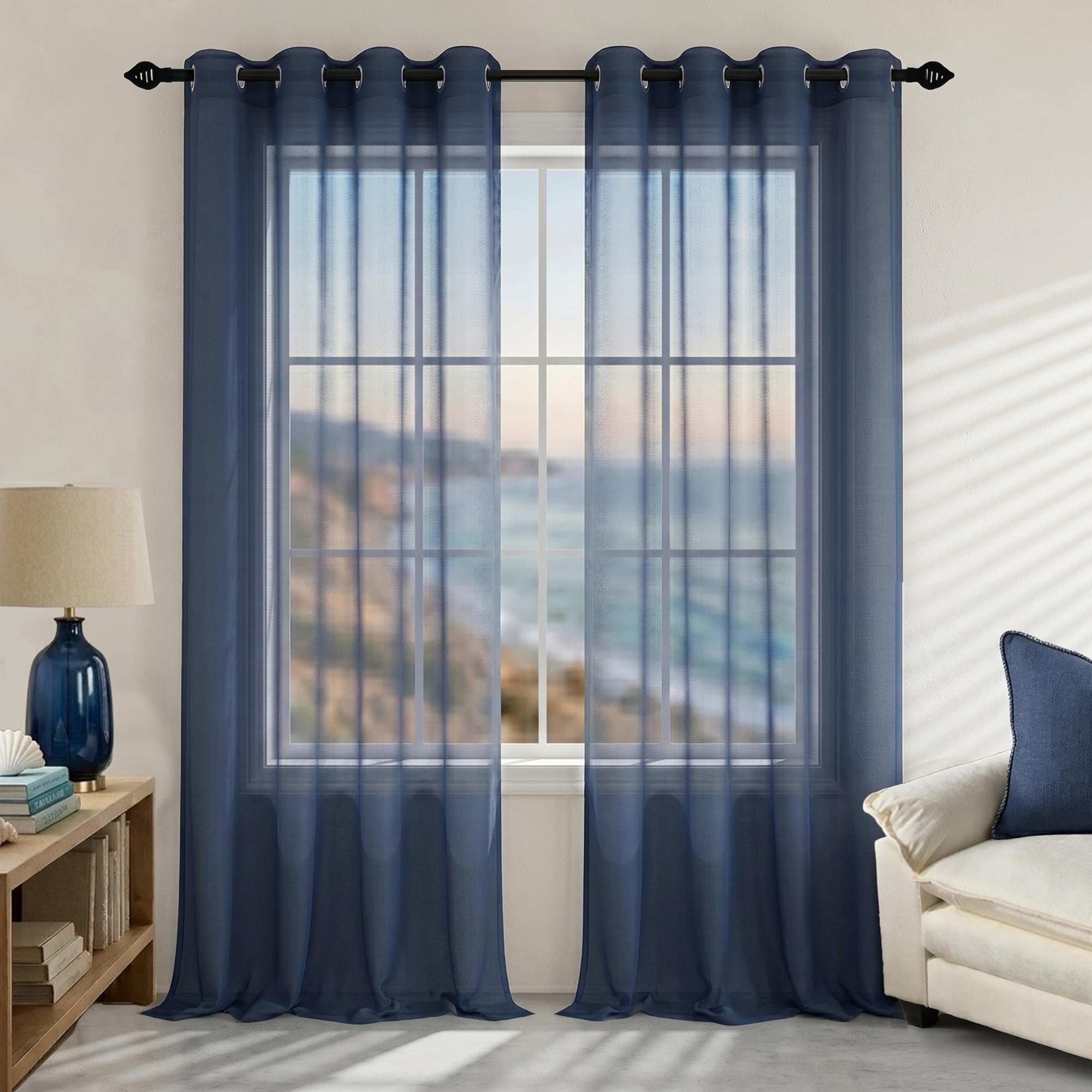Mrs.Naturall Navy Blue Curtains 84 Inch Length for Living Room Set of 2 Panels Grommet Sheer Window Curtains for Bedroom Kids Boys Room 52x84 Inch Length Dark Blue