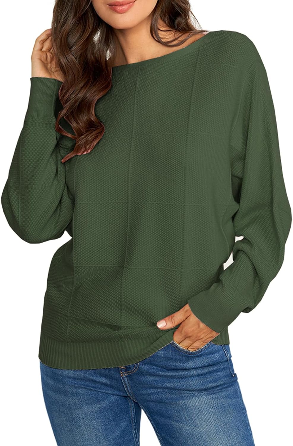 Ckikiou Spring Fall Boat Neck Batwing Soft Knitted Sweater for Women Casual Loose Dolman Sleeve Ribbed Pullover Top