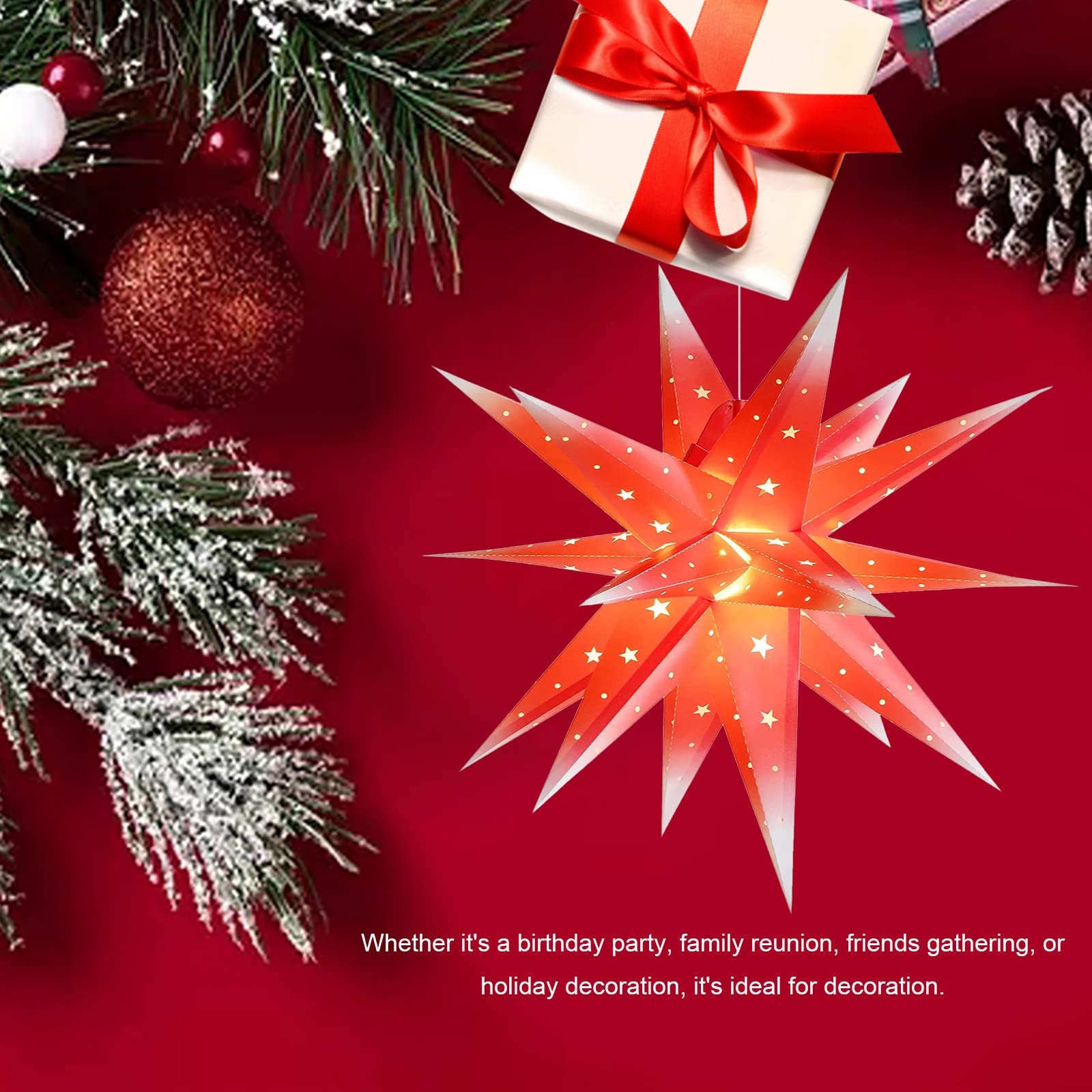 Puntale per albero di Natale, lanterna a stella in PVC da 45 cm, stringa di luci a forma di stella a 18 punte con lampadina, decorazione a forma di ciondolo appeso a forma di stella scavata per intern