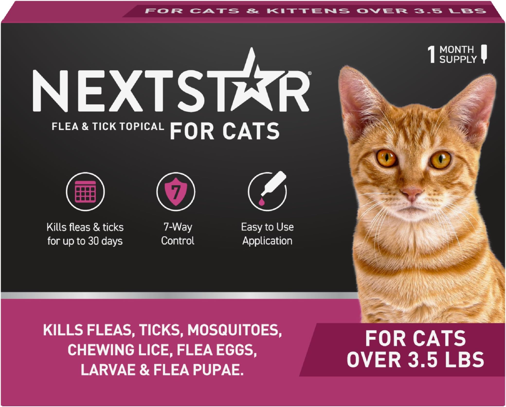 NEXTSTAR Flea and Tick Prevention for Cats, Repellent, and Control, Fast Acting Waterproof Topical Drops for Cats Over 3.5 lbs, 1 Month Dose