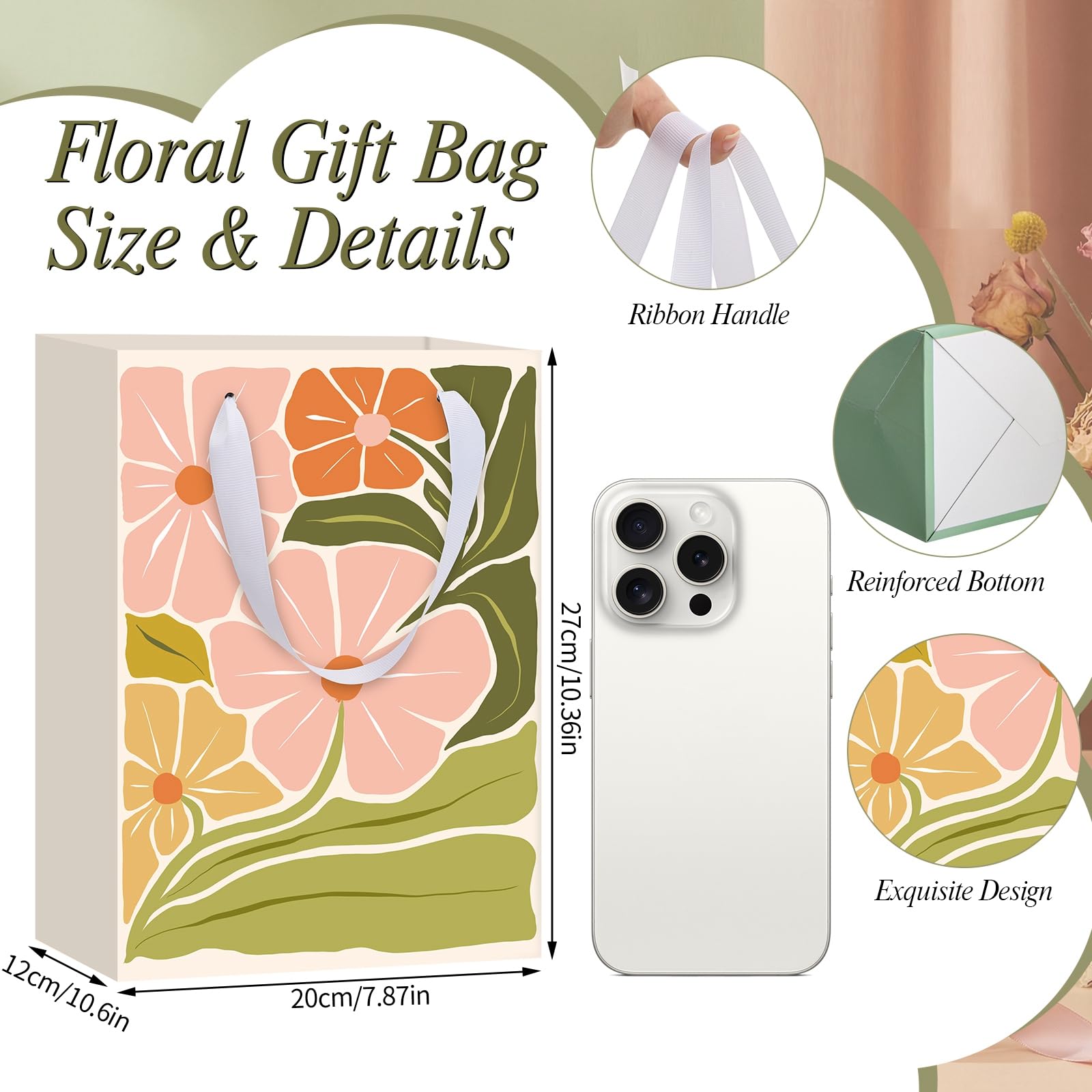 woric 10.6" Matisse Flowers Gift Bags with Tissue Paper, 4 Colors Medium Gift Bag with Greeting Cards for Mother's Day Birthdays Bridal Showers Weddings(10.6x7.87x4.7in)
