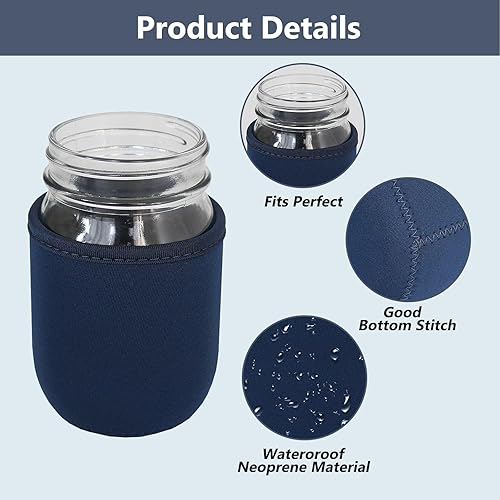 Miniatura 8 de Funda para tarro Mason de boca ancha de 32 onzas, 4 piezas aisladas de neopreno acogedoras para frascos Mason de boca regular de 24 onzas y 32 onzas
