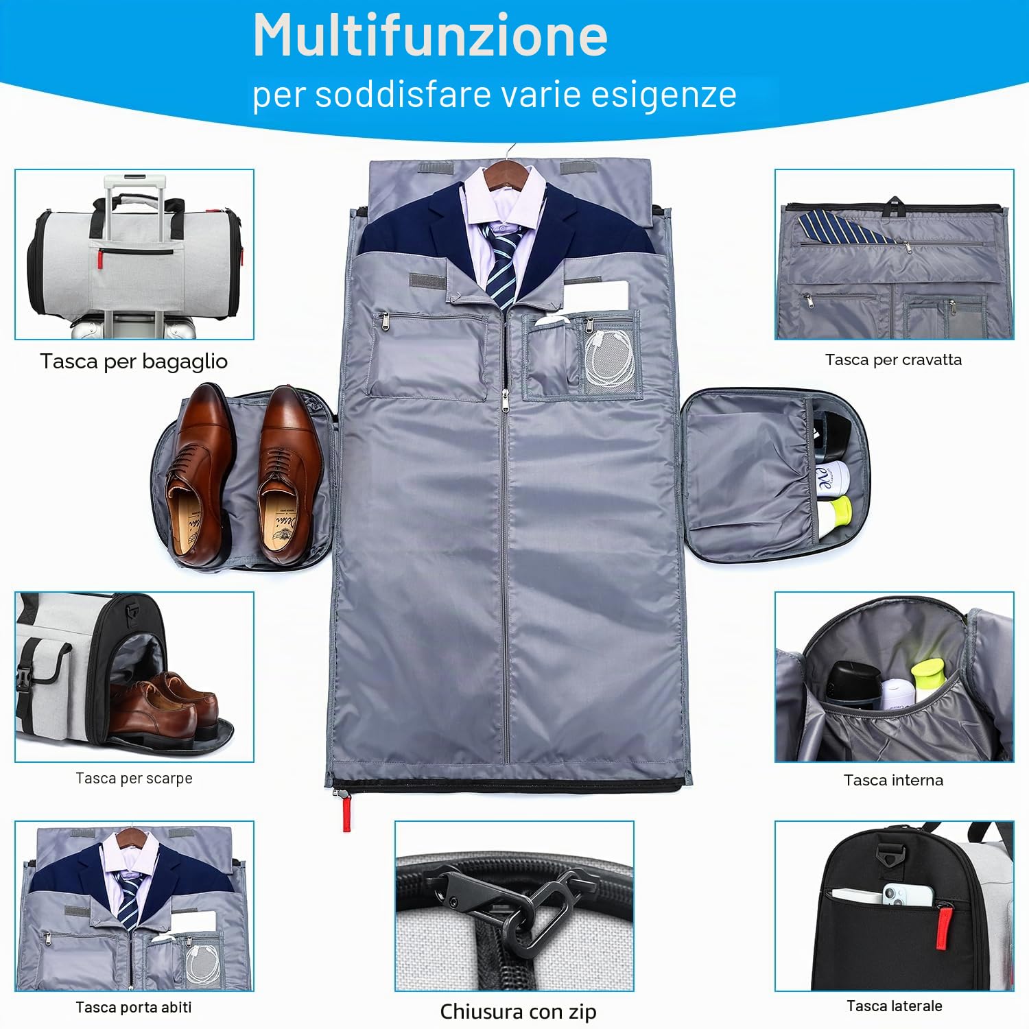 Borsa da viaggio per abiti da uomo, sacco per vestiti trasformabile, sacca da viaggio per il trasporto di scarpe, 3-in-1 grande borsa per abiti a tracolla, borsa per abiti per viaggi d'affari, grigio