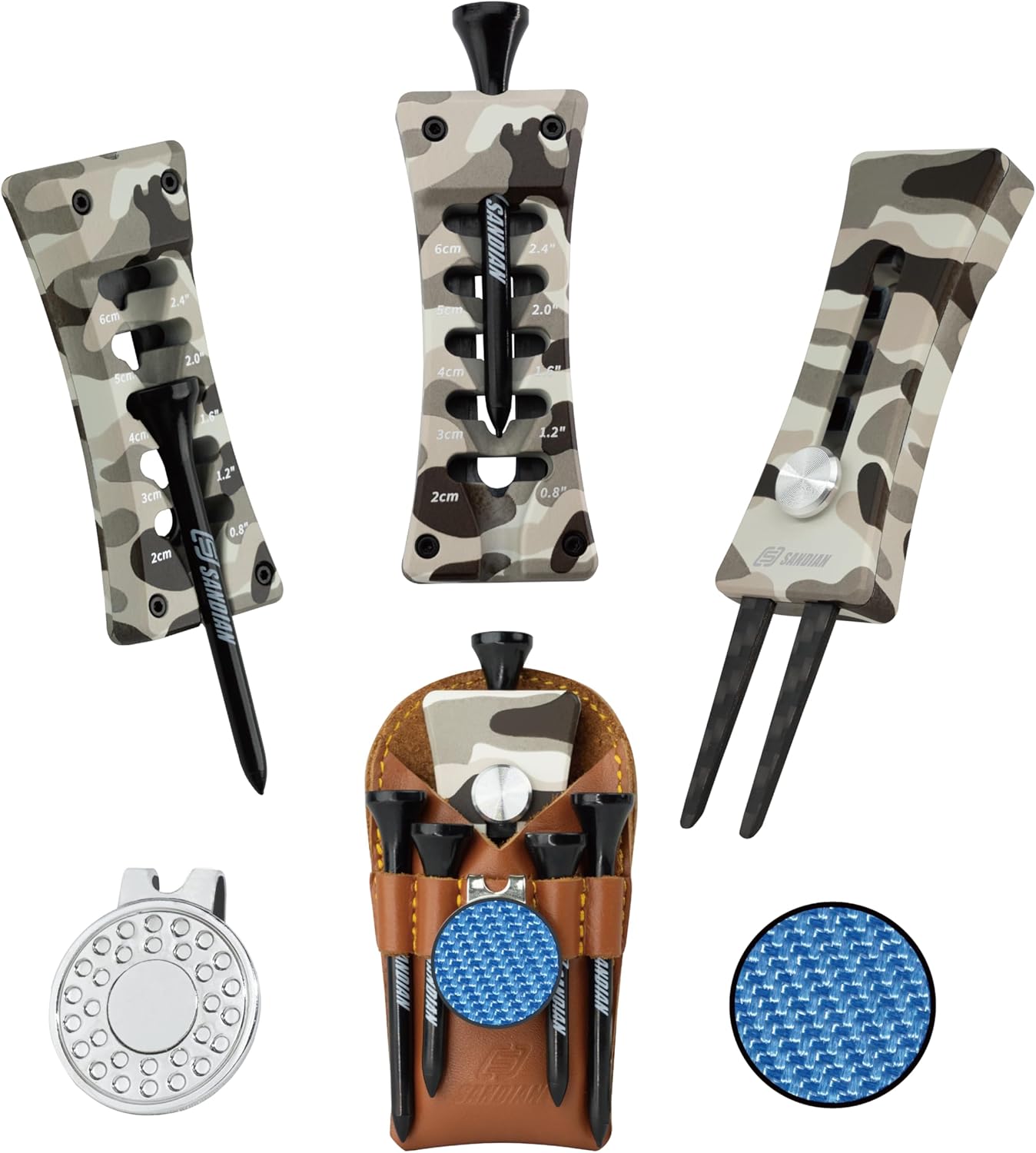 SANDIAN, All-in-1 Value Pak, Adjustable Golf Tee Height Setter with Divot Tool, Genuine Carbon Fiber Made Pitchfork, Super Lightweight, T800 Ball Marker, Hat Clip, Tees, Leather Holster, Zipper Case
