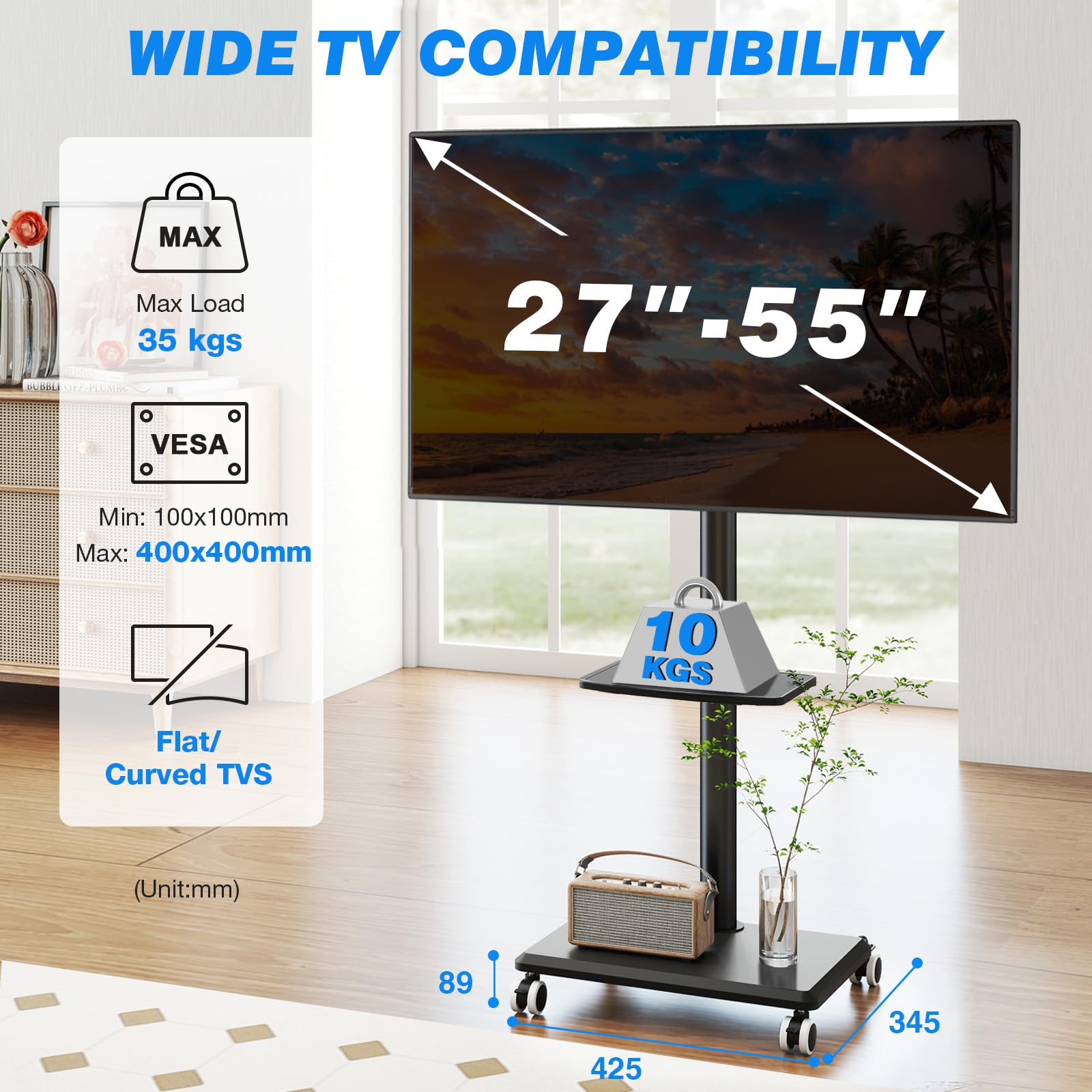 5Rcom Stojak na telewizor na kółkach, do telewizorów 27–55 cali, czarny mobilny wózek telewizyjny, stojak na telewizor z regulacją wysokości i obrotem z drewnianą podstawą, max. VESA 400 x 400 mm