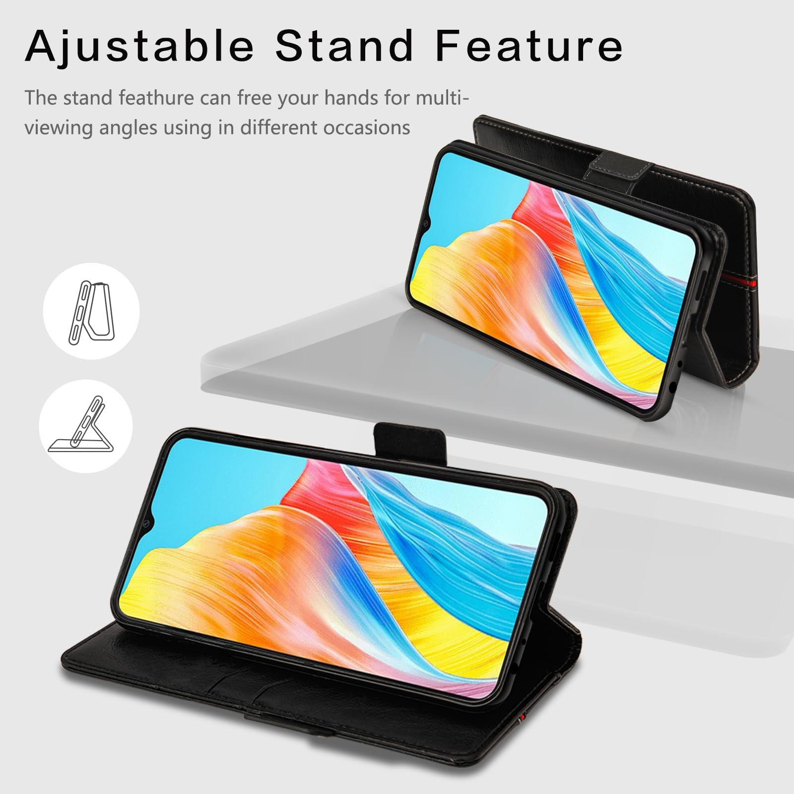 Cover per Oppo A38/OPPO A18 4G, Custodia Flip Pelle Portafoglio, Magnetica Libro Slot Schede Cover per Oppo A38 4G, Silicone TPU Bumper Wallet Supporto Antiurto Case Per OPPO A18 4G Nero